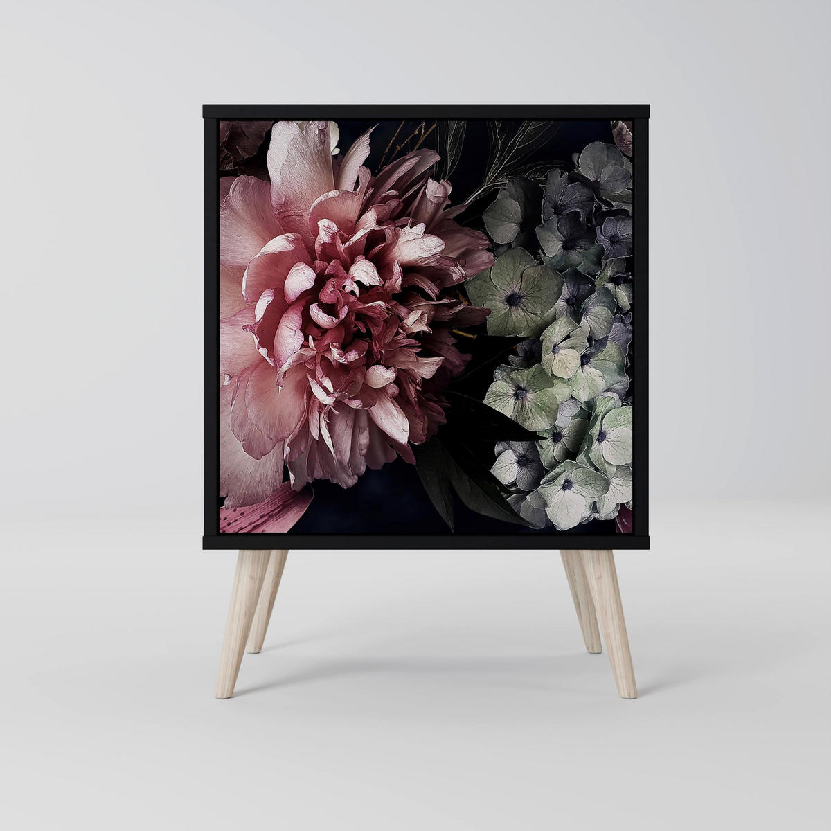 SIDEBOARD PURE BLOSSOM, Schwarz, 57,5x42x67,5 cm, Schwarze Metall-Rahmenfüße - Multicolor/Schwarz, Holzwerkstoff/Metall (57.5/67.5/42cm) - SpaceRebels