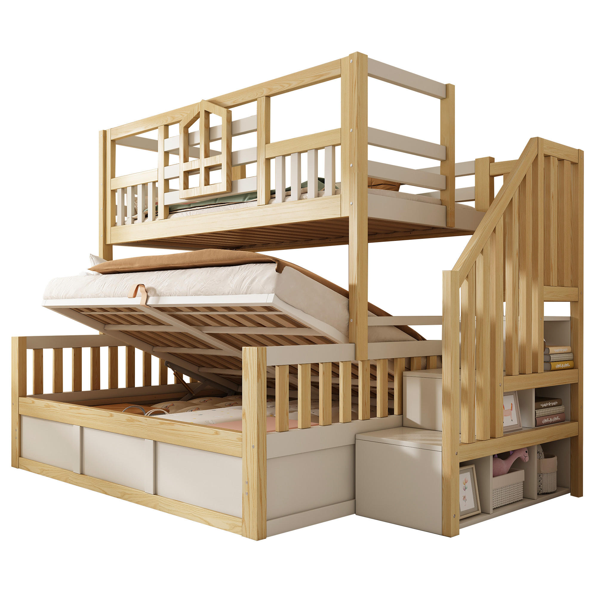 ETAGENBETT 90/200 cm & 140/200 cm in Weiß & Eiche mit Treppe, Stauraum und Sicherheitsgeländer - Weiß/Naturfarben, Holz/Holzwerkstoff (140/200cm) - WISHDOR