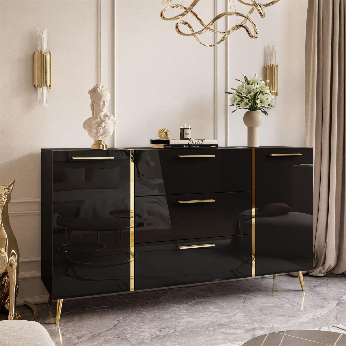 SIDEBOARDS MIT SCHUBLADEN ONYX AUF GOLDENEN BEINEN HOCHGLANZ 158 CM - Schwarz, Holzwerkstoff (158/88/41.3cm) - Lookway