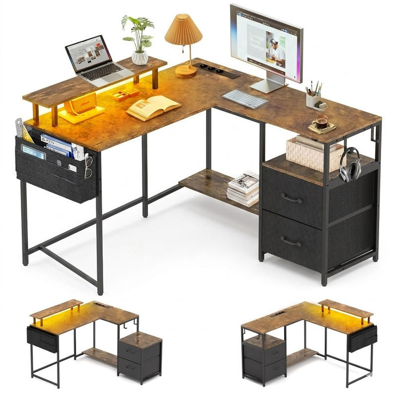 GAMINGTISCH L-förmig,120 x 120 x 75 cm,Eckschreibtisch mit Ablagefach,mit Monitorständer,2 USB mit 3 Buchsen,Braun - Braun, Metall (120/48/75cm)