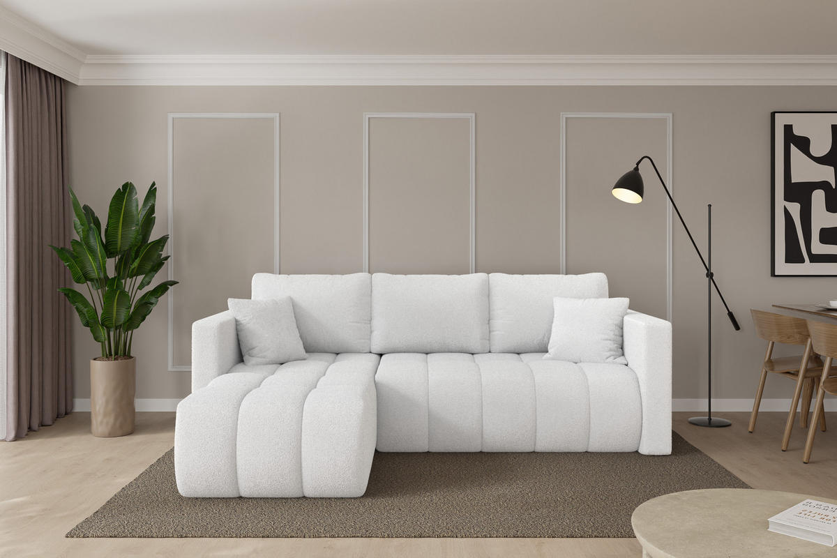 ROHOVÁ SEDAČKA s funkcí spaní, otoman vlevo GARD-L 226x146x85 bílá bouclé - bílá/černá, kompozitní dřevo/textil (226/146cm) - ALTDECOR