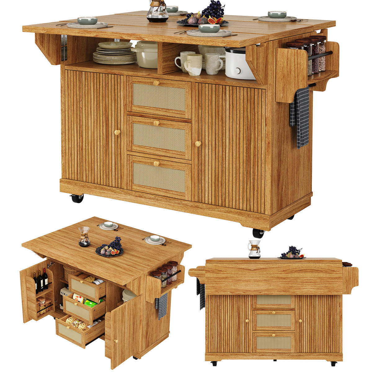 KÜCHENINSEL 142.5/40/95 cm Dunkelbraun mit 3 Schubladen und Rollen - Dunkelbraun, Holz (80/95/142.5cm) - Oxeza