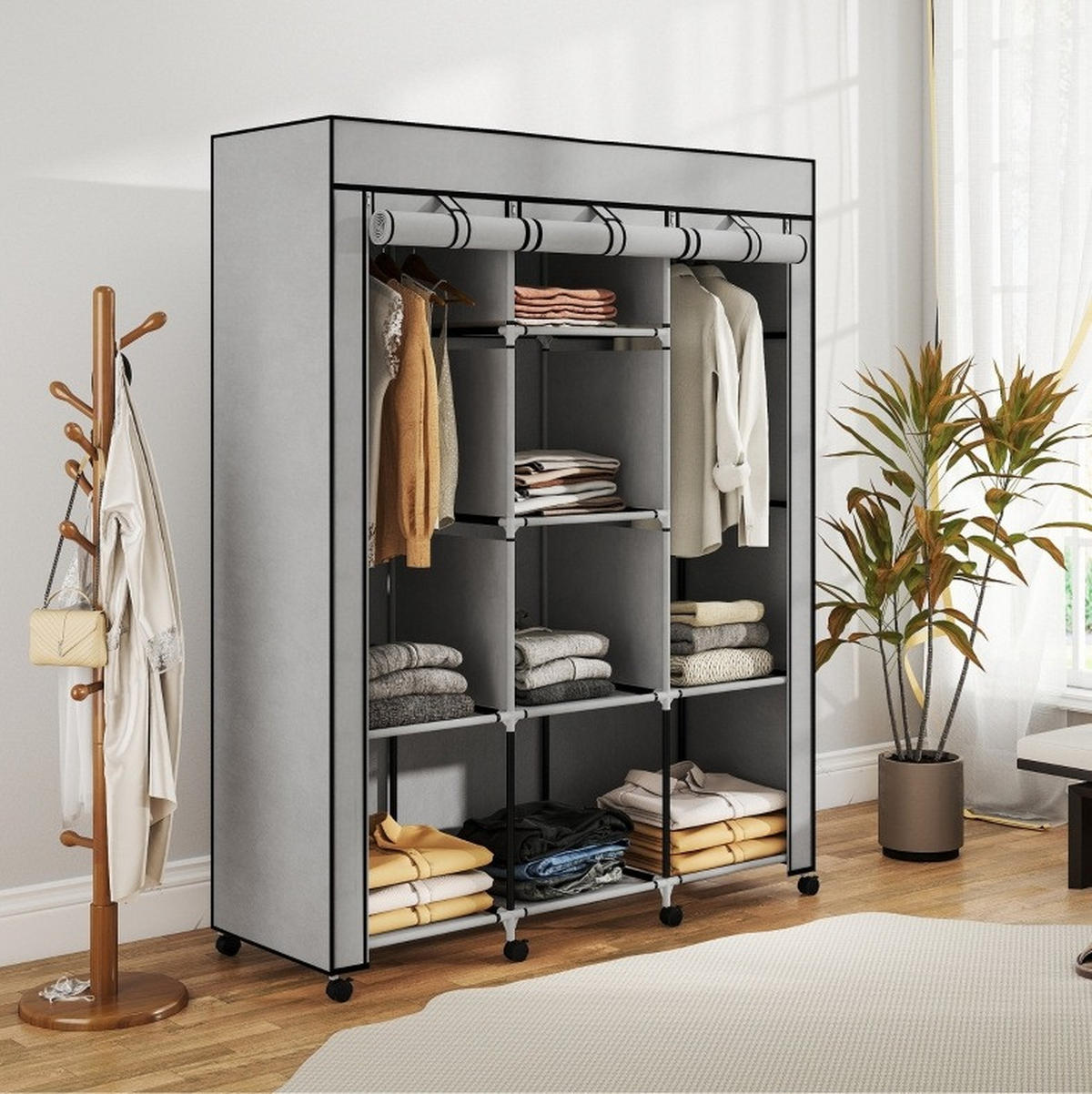 KLEIDERSCHRANK 125/162,5/43 cm Hellgrau aus Stoff mit 8 Einlegeböden - Hellgrau, Textil (43/162.5/125cm) - OKMYHOME