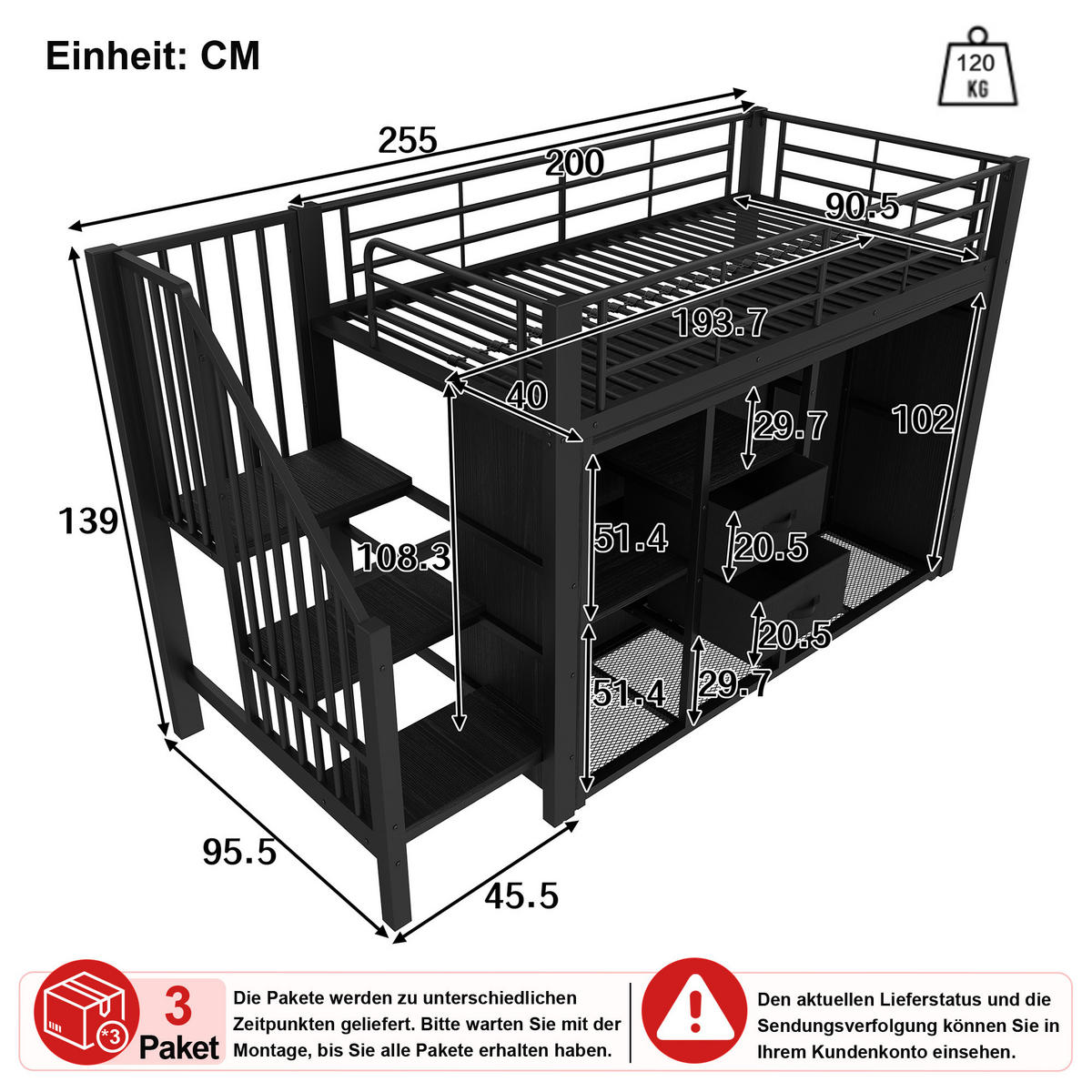 HOCHBETT 90/200 cm in Schwarz mit 2 Schubladen, LED und Kleiderbereich - Schwarz, Holzwerkstoff/Metall (90/200cm) - CHICFURN