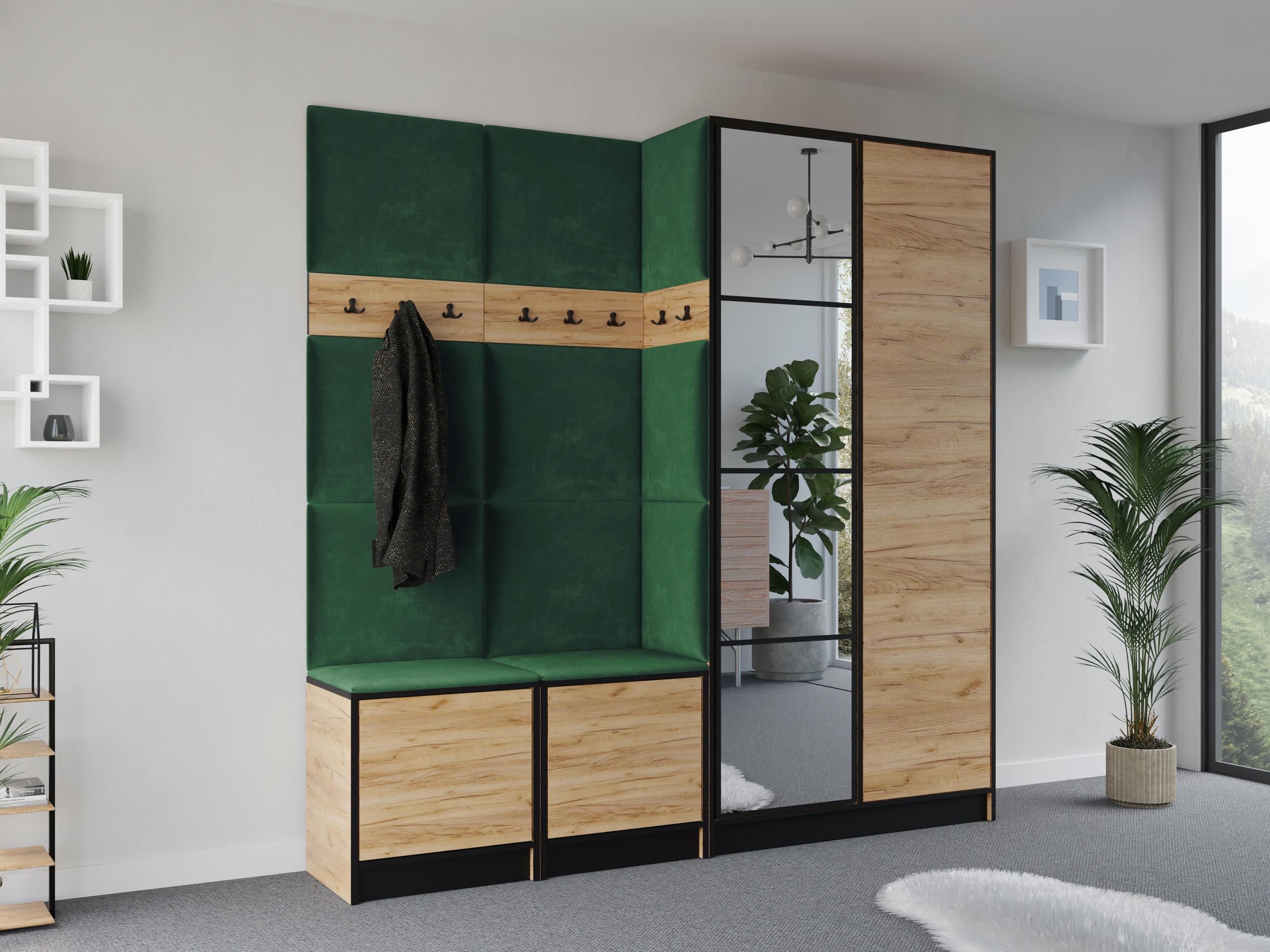 GARDEROBENSCHRANK EDEN 21 mit Spiegel - Eiche Craft Gold & Stoff Grün - Honigeiche/Grün, Holzwerkstoff (211/205/39cm) - Kier Furniture