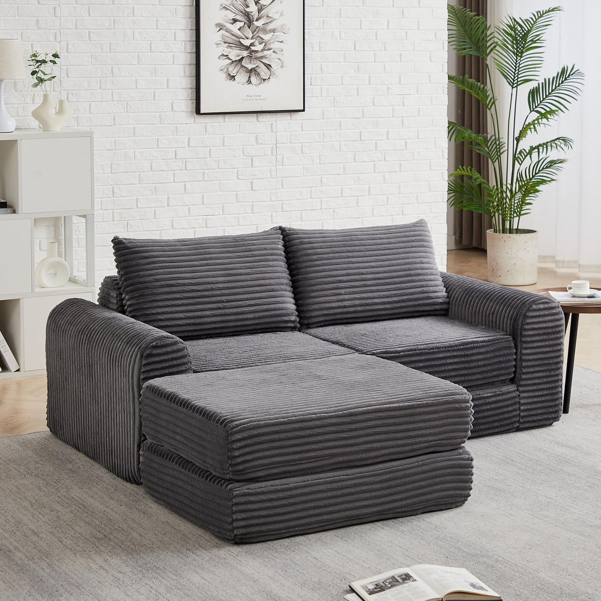 SCHLAFSOFA, Cord mit modularem Aufbau & abnehmbarer Fußstütze, 243/194/53 cm, Grau - Grau, Textil (243/53/194cm) - Redom