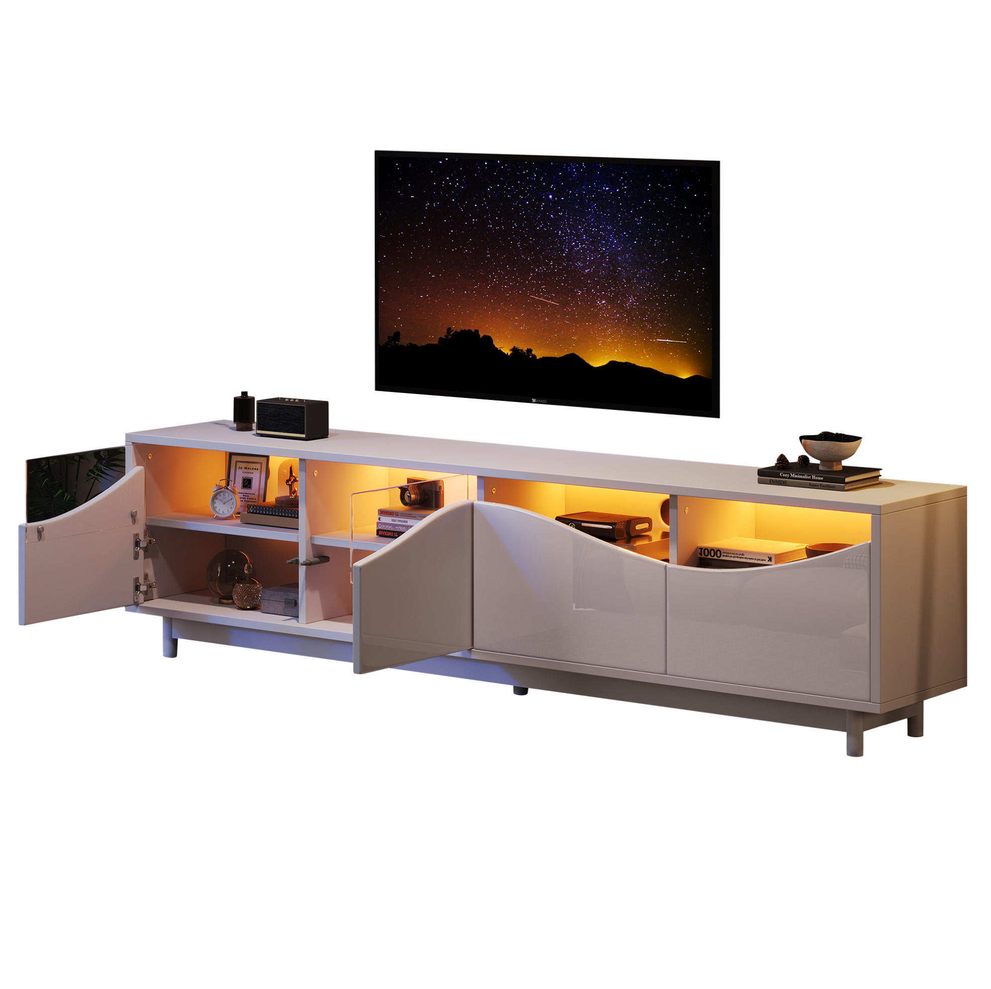 TV-SCHRANK aus MDF 175x38x51 cm Weiß Hochglanz mit LED-Beleuchtung, Glasfront und Push-to-Open - Weiß, Holzwerkstoff (175/51/38cm) - Modfu