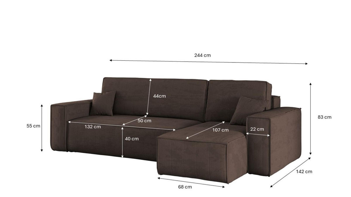ECKSOFA Mit Schlaffunktion Und Bettkasten BEST Stoff Poso Dicker Cord Braun Rechts - Braun, Holz/Textil (244/142cm) - Kaiser Möbel