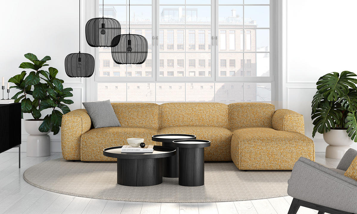 3-SITZER ECKSOFA mit Longchair - Schwarz/Honig, Kunststoff/Textil (317/173cm) - home24