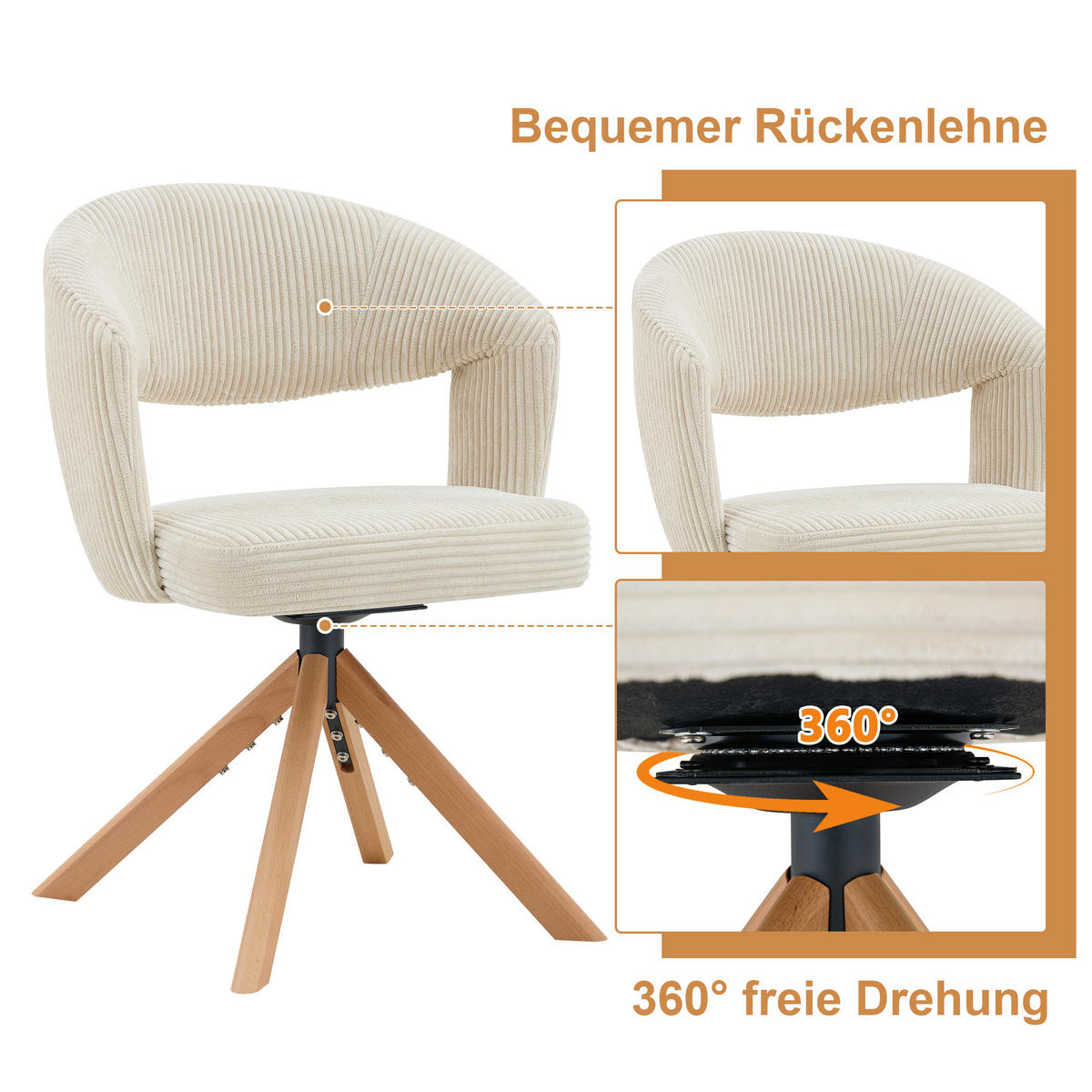 ESSZIMMERSTÜHLE 2er-Set Drehbar Cord Massivholz Retro-Stil - Beige, Textil (47/81.5/47.5cm) - Urban Meuble