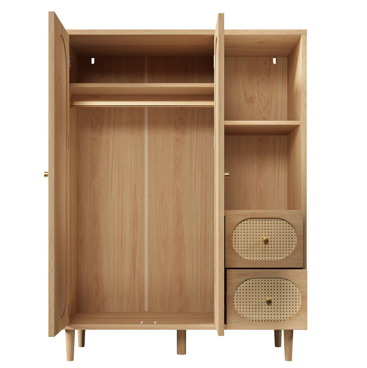 KLEIDERSCHRANK 161/120/44 cm in Eiche mit Rattanfronten und 2 Schubladen - Eichefarben, Holz (120/161/44cm) - BEAOK
