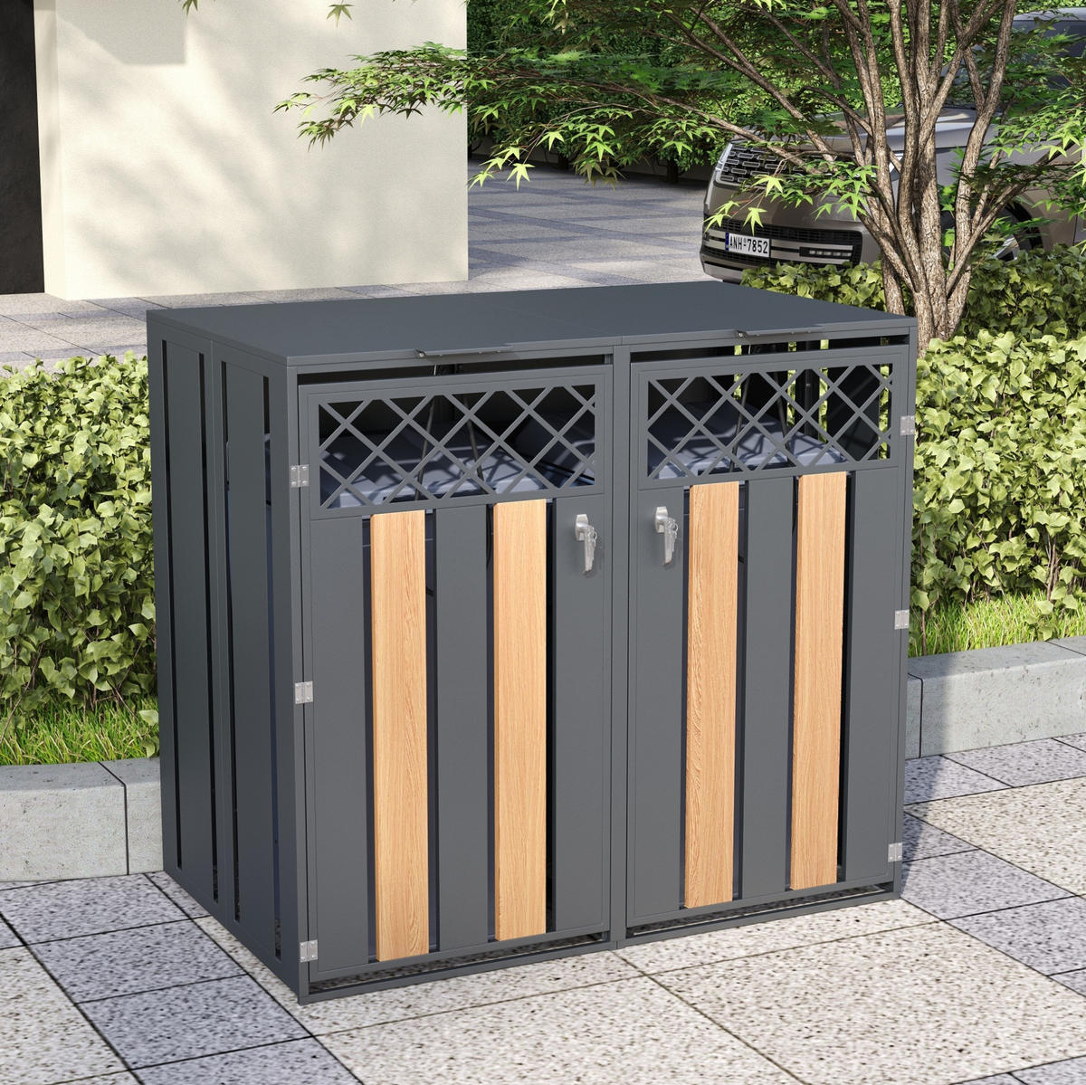 MÜLLTONNENBOX aus Stahl in Grau Holzoptik mit Klappdeckel 132x80x118,5 cm - Grau, Metall (132/118.5/80cm) - Modfu