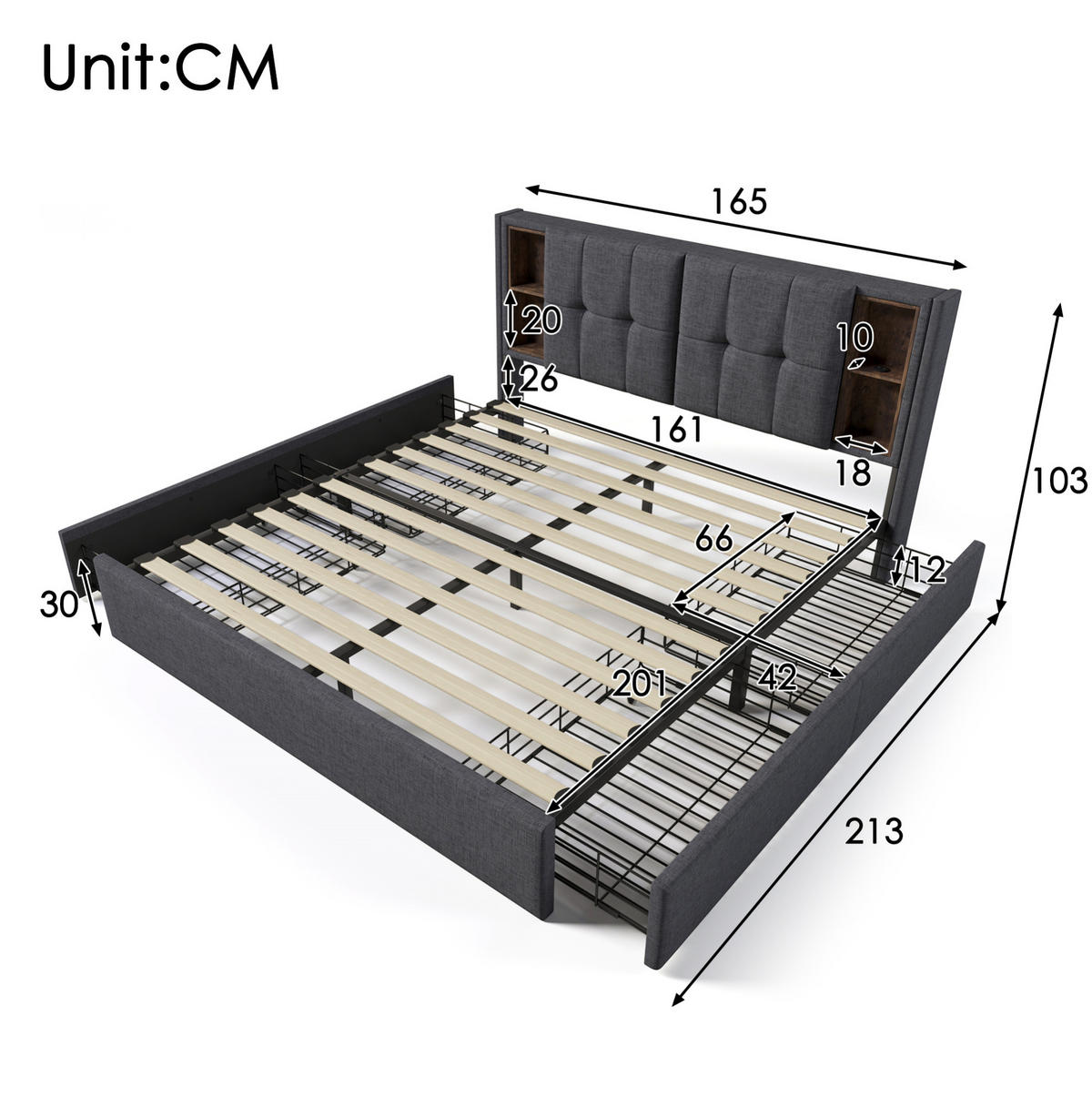 POLSTERBETT 160/200 cm mit kabellosem Laden, USB-C und 4 Schubladen, Grau - Grau, Textil (160/200cm) - Redom