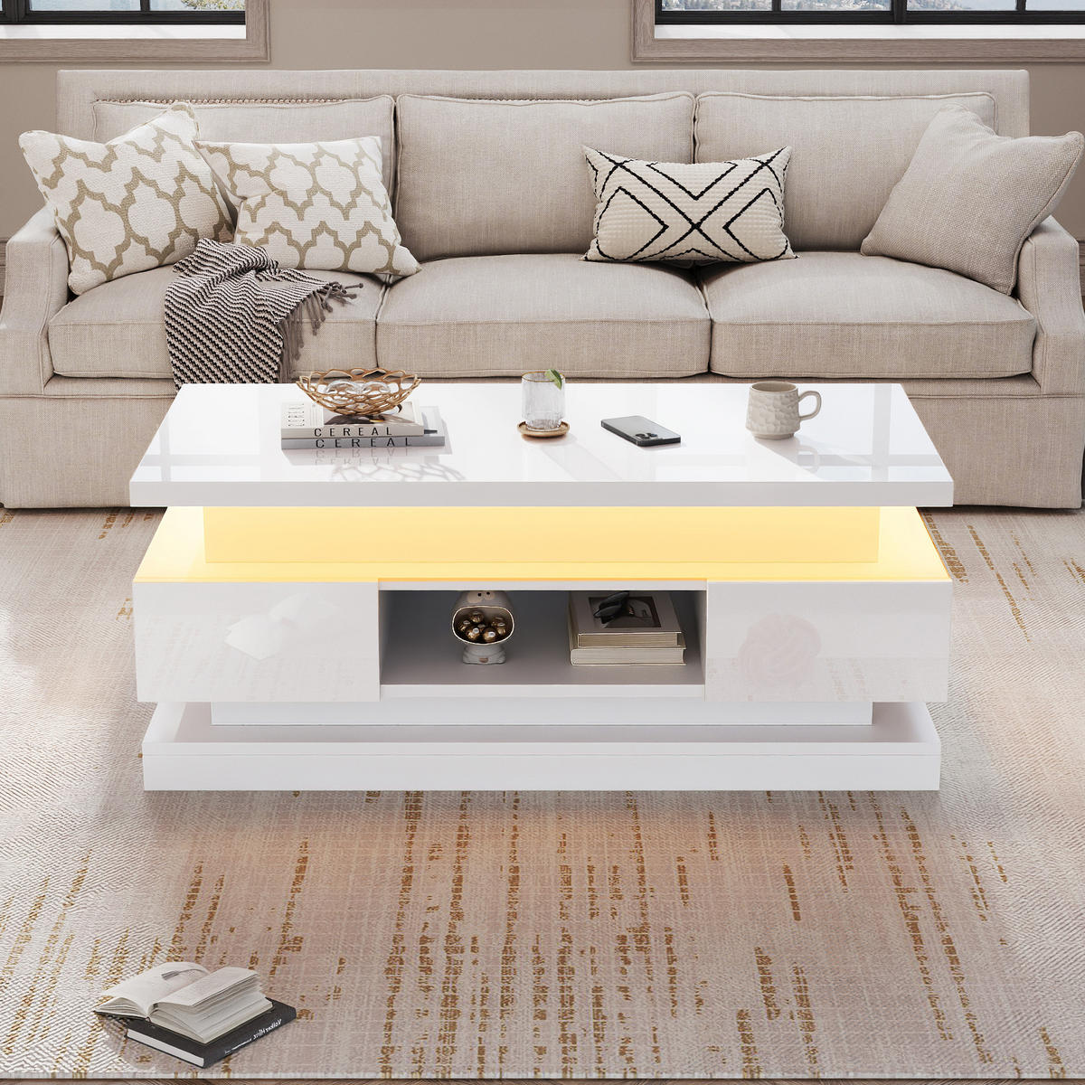 COUCHTISCH anhebbar Weiß LED 2 Schubladen 100x50x40cm Stauraum - Weiß, Holzwerkstoff (100/50/40cm) - FLIEKS