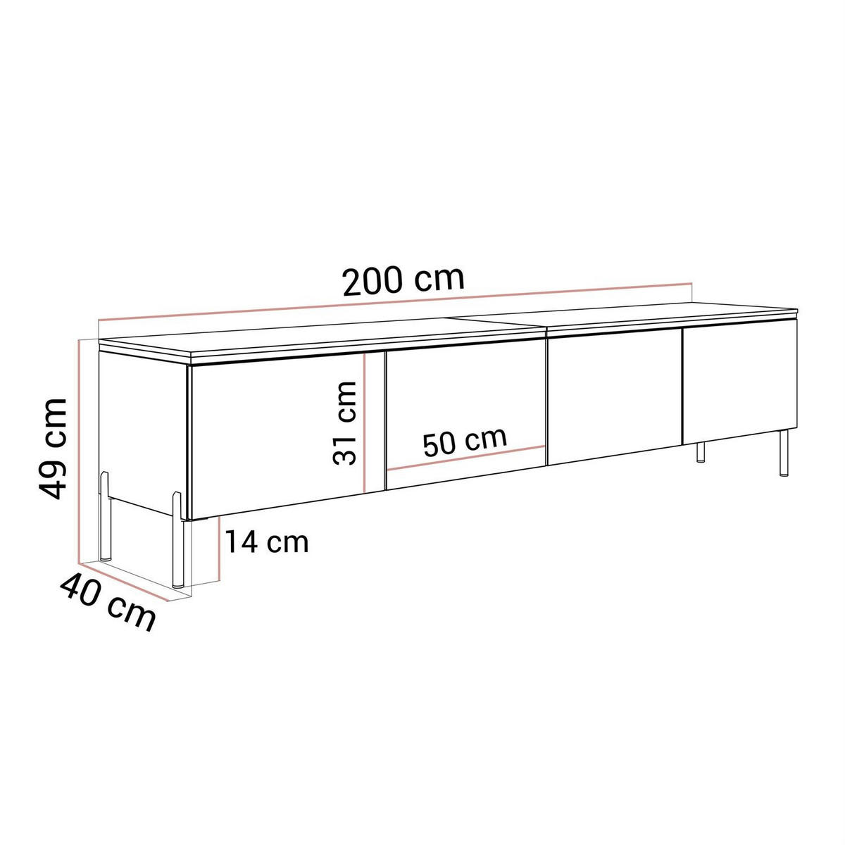 TV-LOWBOARD CELINE KASCHMIR 200 cm auf geraden goldenen Chrom-Beinen - Kaschmir/Goldfarben, Holzwerkstoff/Metall (200/49/40cm) - Lookway