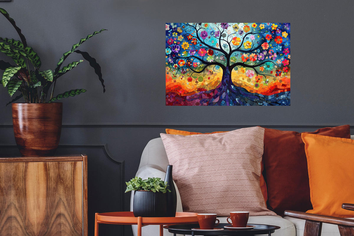 WANDTATTOO Kunst - Baum des Lebens - Blumen - Hippie 60x40 cm - Dunkelblau, Kunststoff (60/40/0.1cm) - MuchoWow