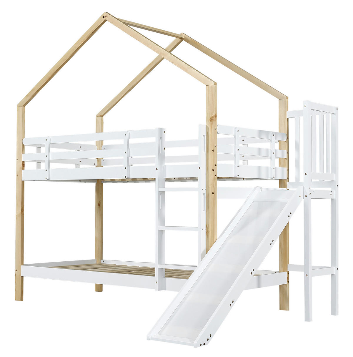 ETAGENBETT 90/200 cm mit Rutsche und Hausdesign in Weiß/Natur - Weiß, Holzwerkstoff (90/200cm) - OKMYHOME