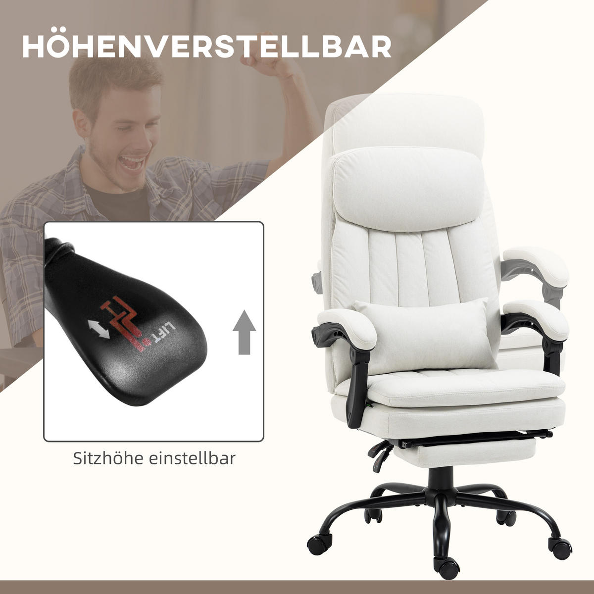 BÜROSTUHL mit Massagefunktion, Creme - Weiß, Kunststoff (67/118/66cm) - Vinsetto