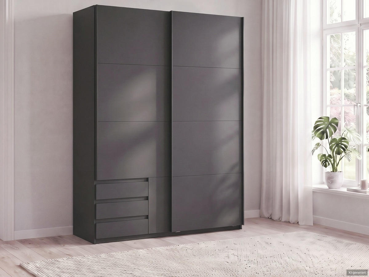 SCHWEBETÜRENSCHRANK 2-türig B135/H198/T65 cm, Kleiderschrank in Grafit mit sichtbaren Schubkästen / 22665 - Schwarz/Graphitfarben, Holz/Holzwerkstoff (135/198/65cm) - luma-home