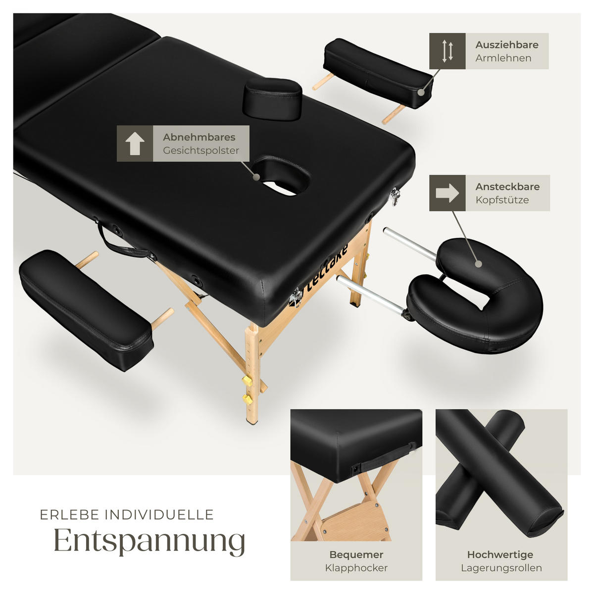 MASSAGELIEGE-SET 3 Zonen, 218 x 102 x 90 cm,schwarz - Schwarz, Holz (102/90/218cm) - tectake