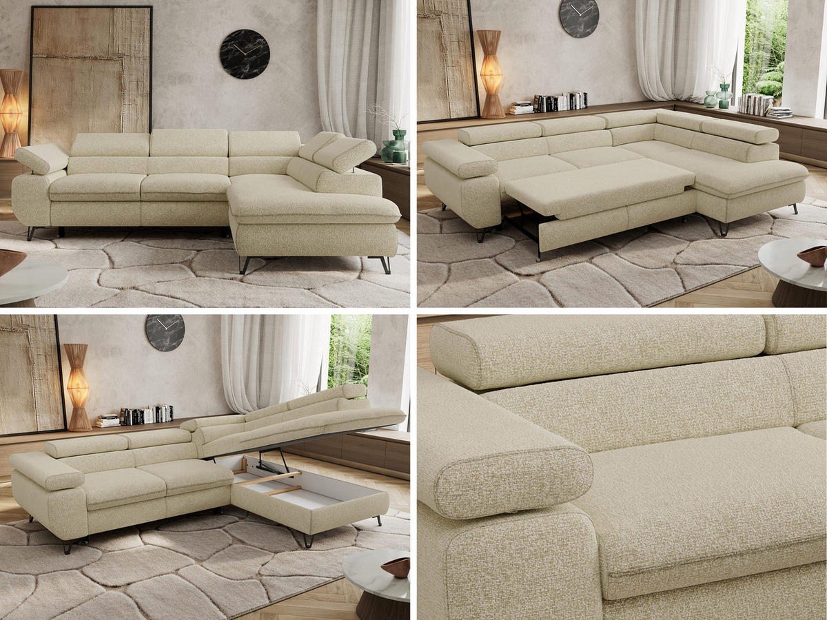 ECKSOFA PABLO L Creme Struktur - Rechts Seite mit Visco Topper - Creme/Schwarz, Textil/Metall (273/208cm) - MKS