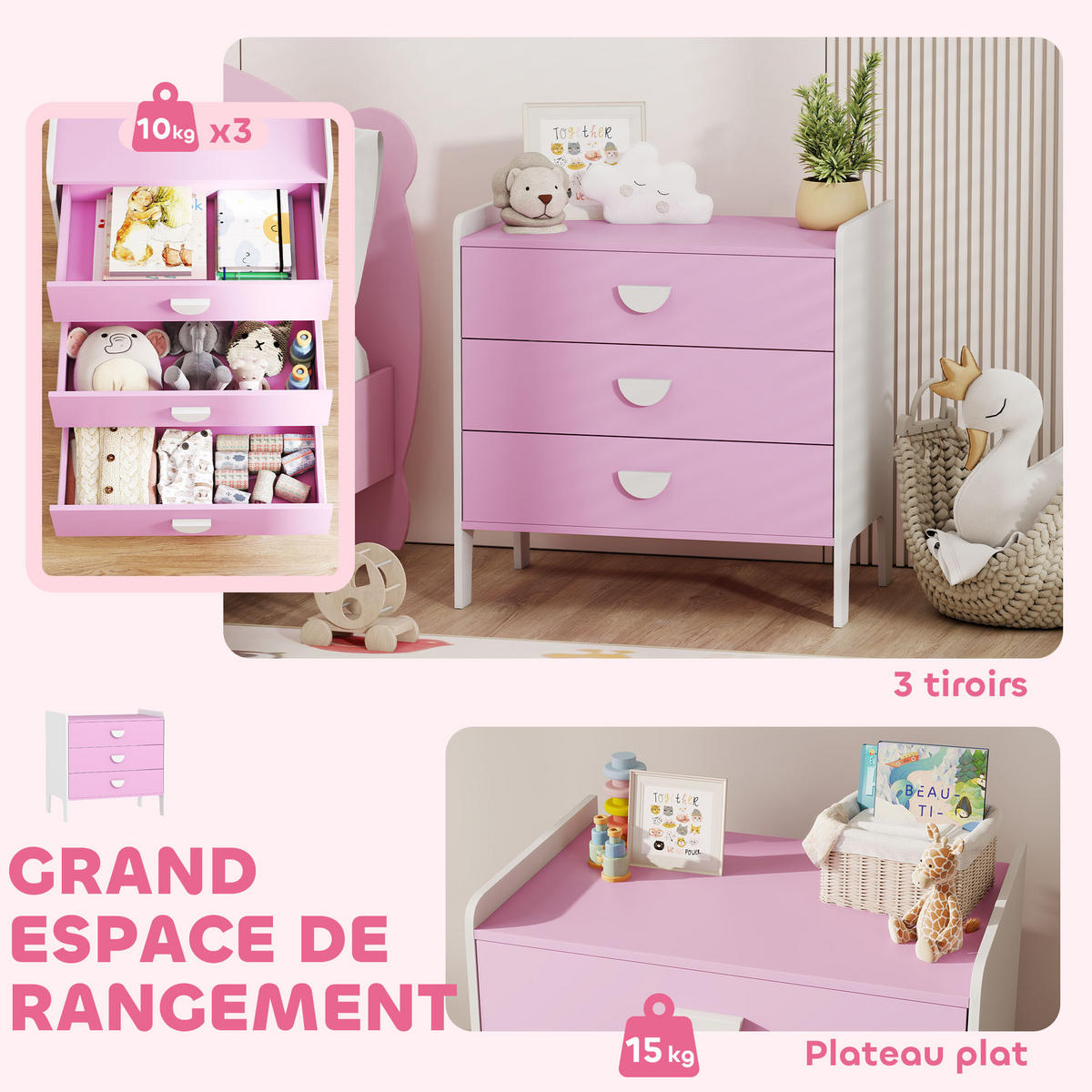 KINDERKOMMODE DE-17255 3 Schubladen Rosa - Pink, Holzwerkstoff (40/60/60cm) - ComfortXL