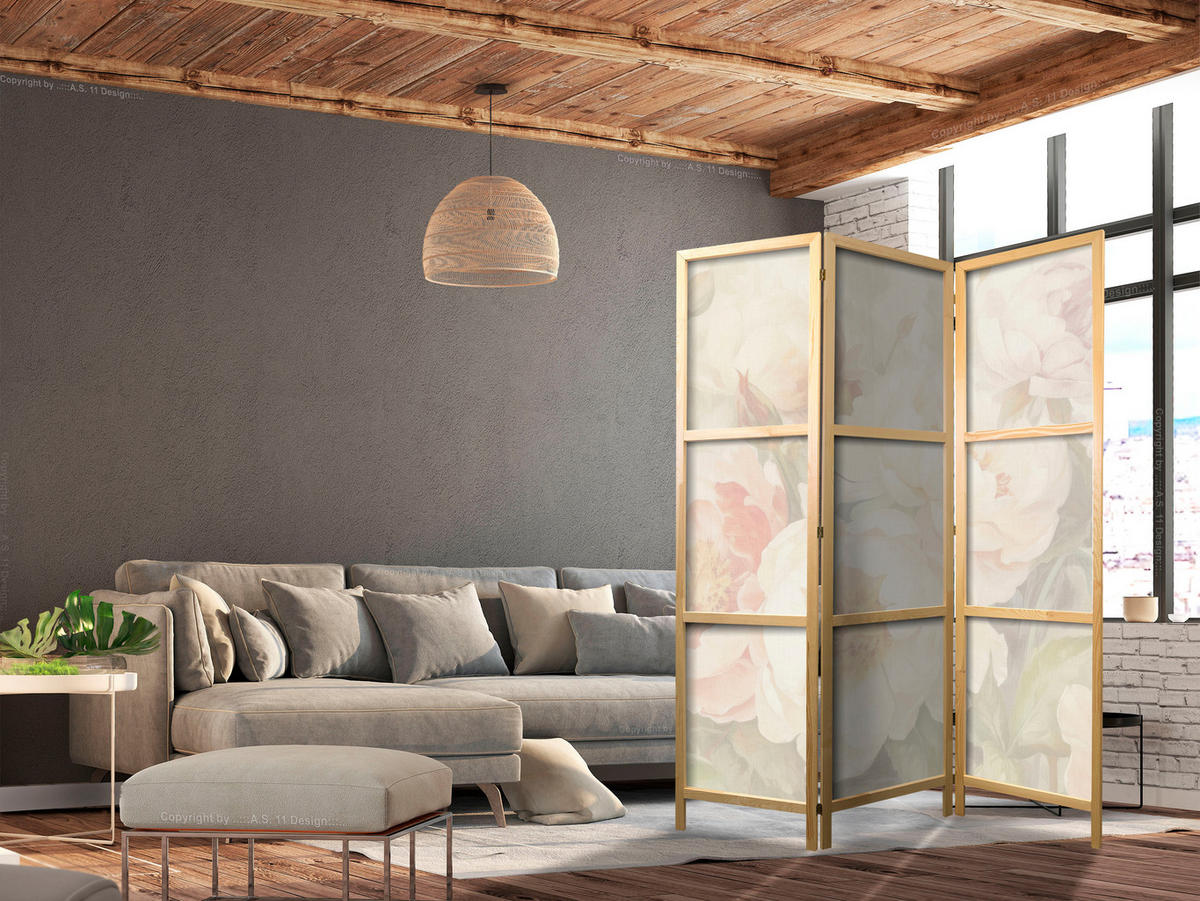 PARAVENT Japanischer 3-tlg 135x172 cm Pastellblumen - Beige, Holz/Textil (135/172/3cm) - Muralo
