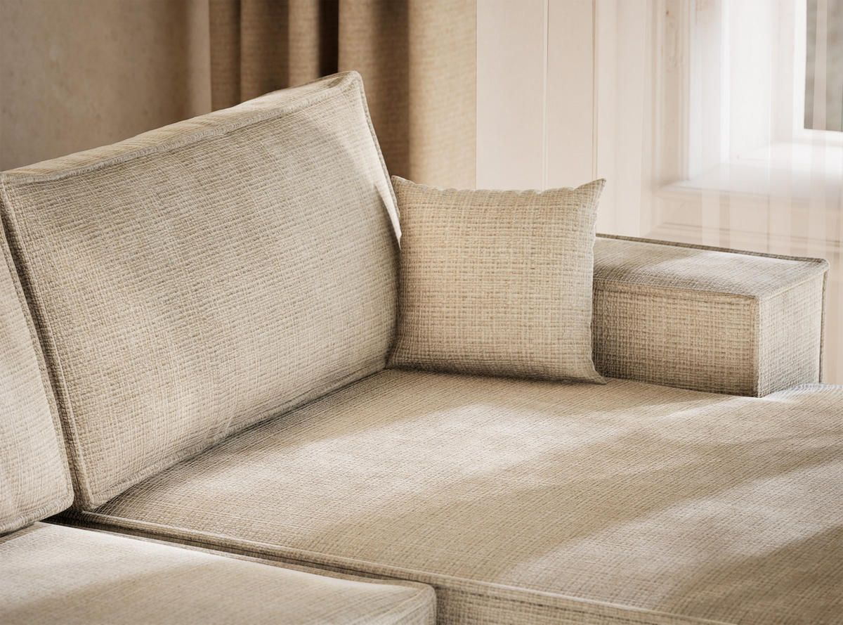 WOHNLANDSCHAFT Kyoto Beige grau Chenille-Stoff - Greige/Schwarz, Holz/Holzwerkstoff (398/70/148cm) - Maison de Reve