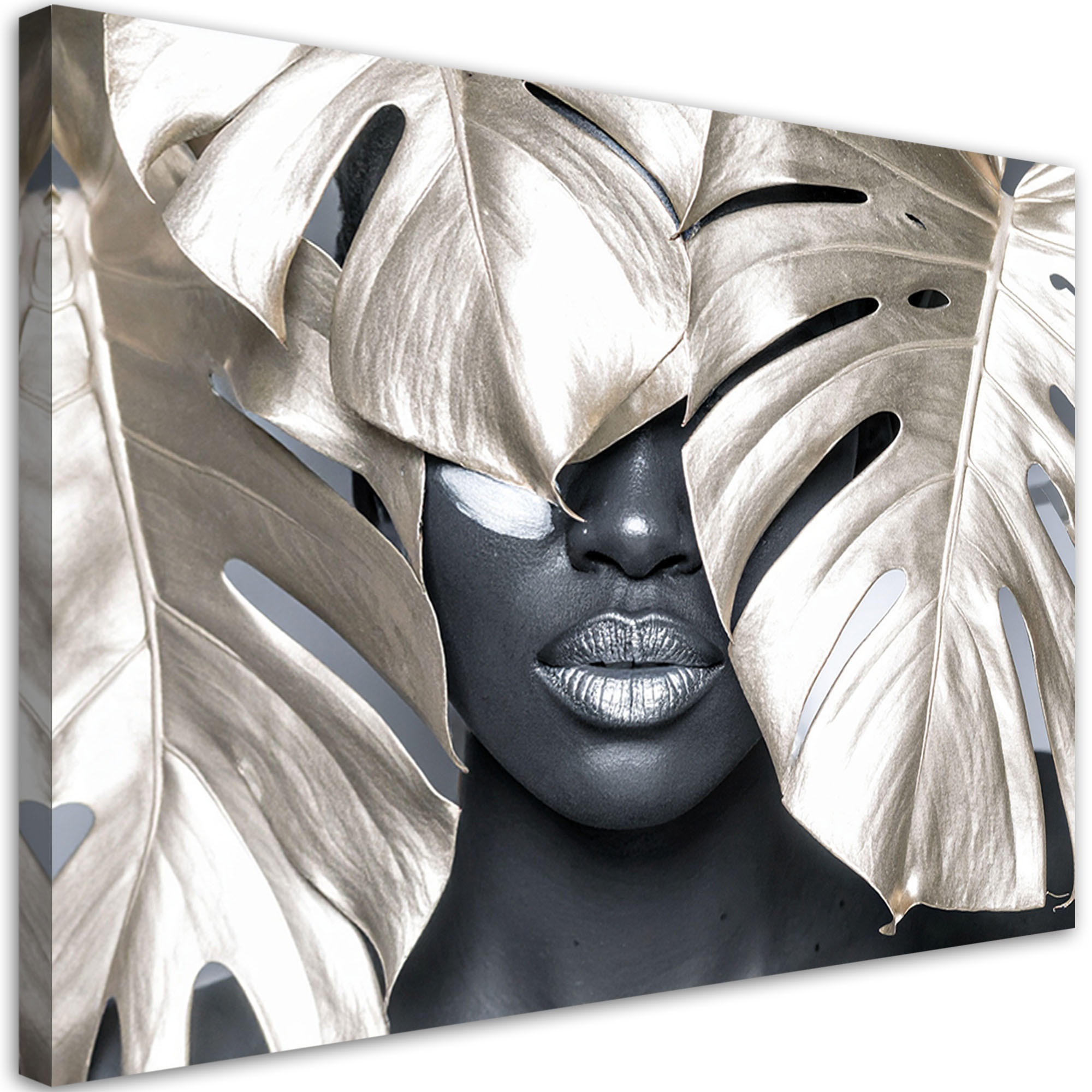 LEINWANDBILD Frau mit Monstera-Blättern auf dem Kopf 120x80cm - Grau, Textil (120/80cm) - Feeby