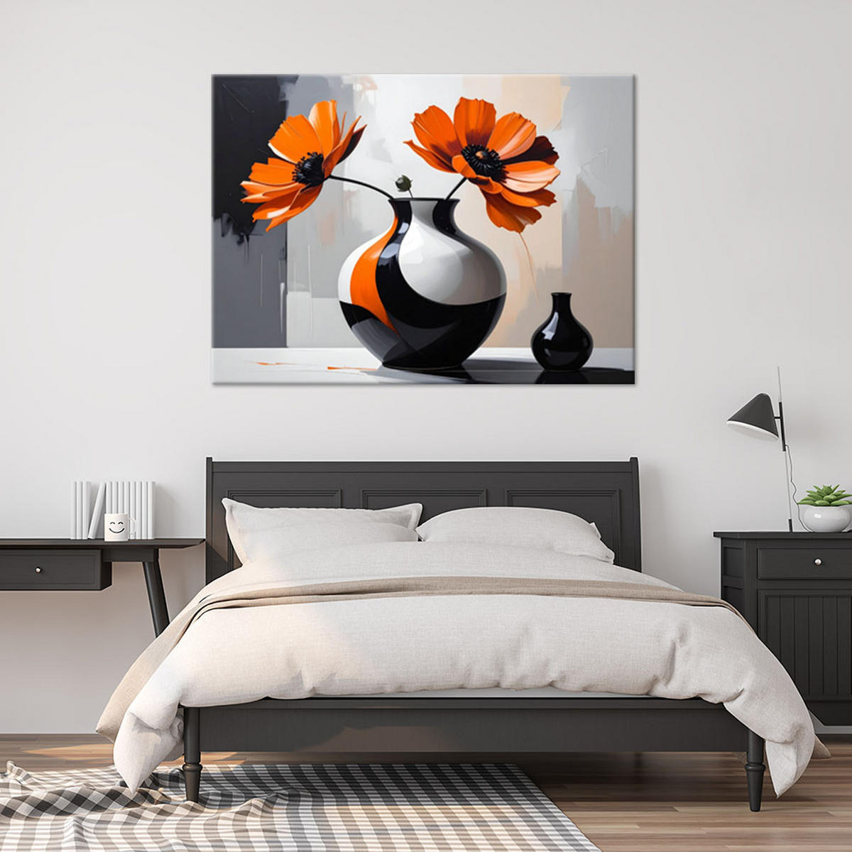 LEINWANDBILD, Orangefarbene Blumen in einer modernen schwarz-weißen Vase - Orange, Textil (45/30cm) - Feeby