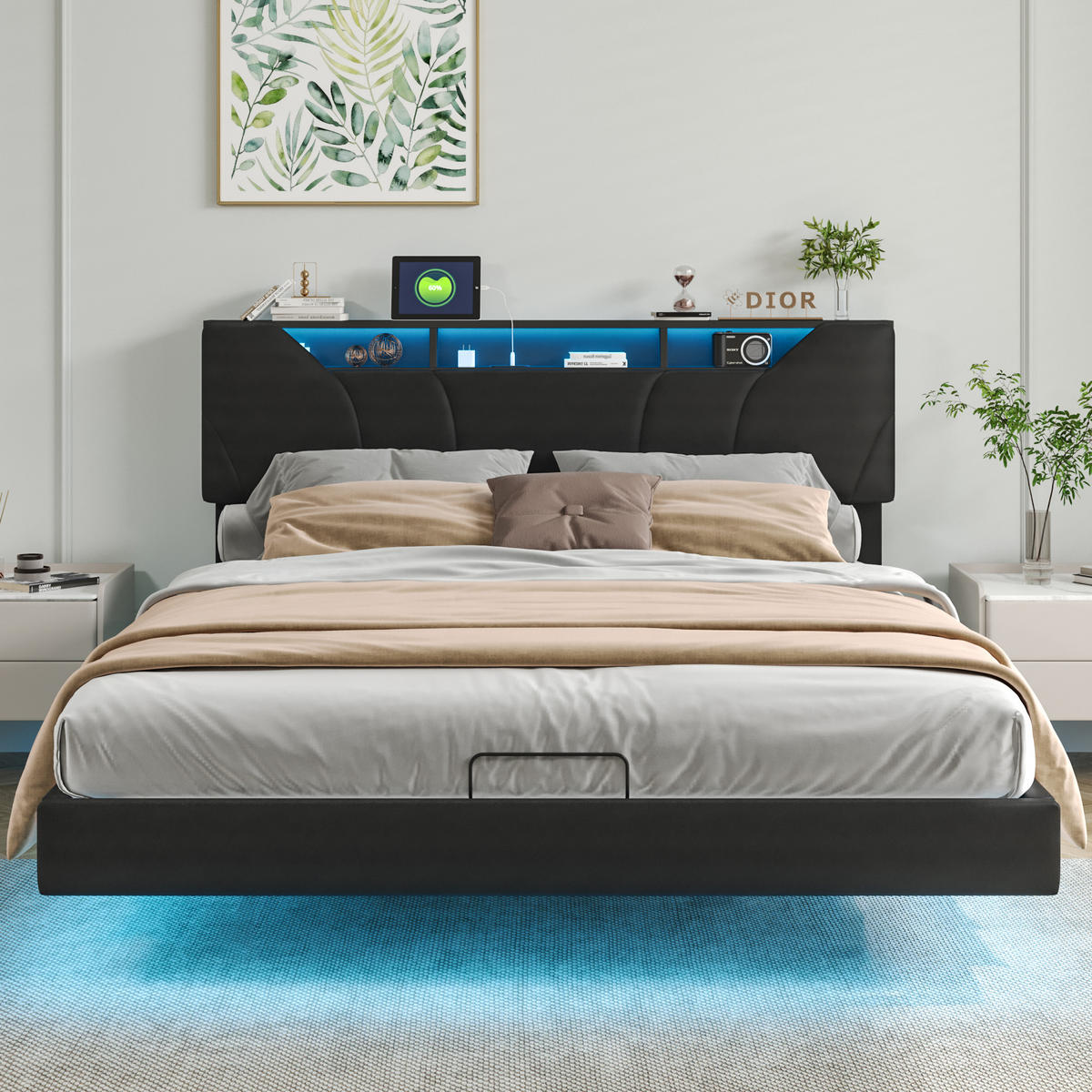 POLSTERBETT 160x200 cm, Schwarz, LED-Beleuchtung und USB - Schwarz, Textil/Metall (160/200cm)