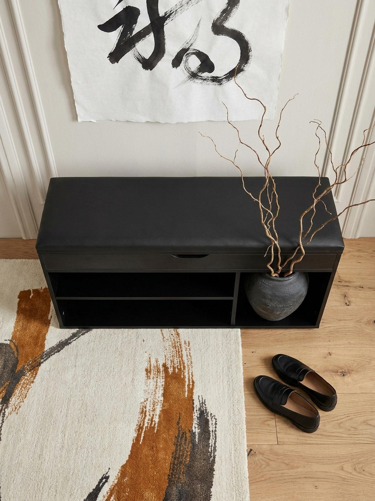 SCHUHBANK – Kunstleder/Holz, 104x51x32 cm, Schwarz, mit Stauraum - Schwarz, Holzwerkstoff/Textil (104/51/32cm) - KADIMA DESIGN