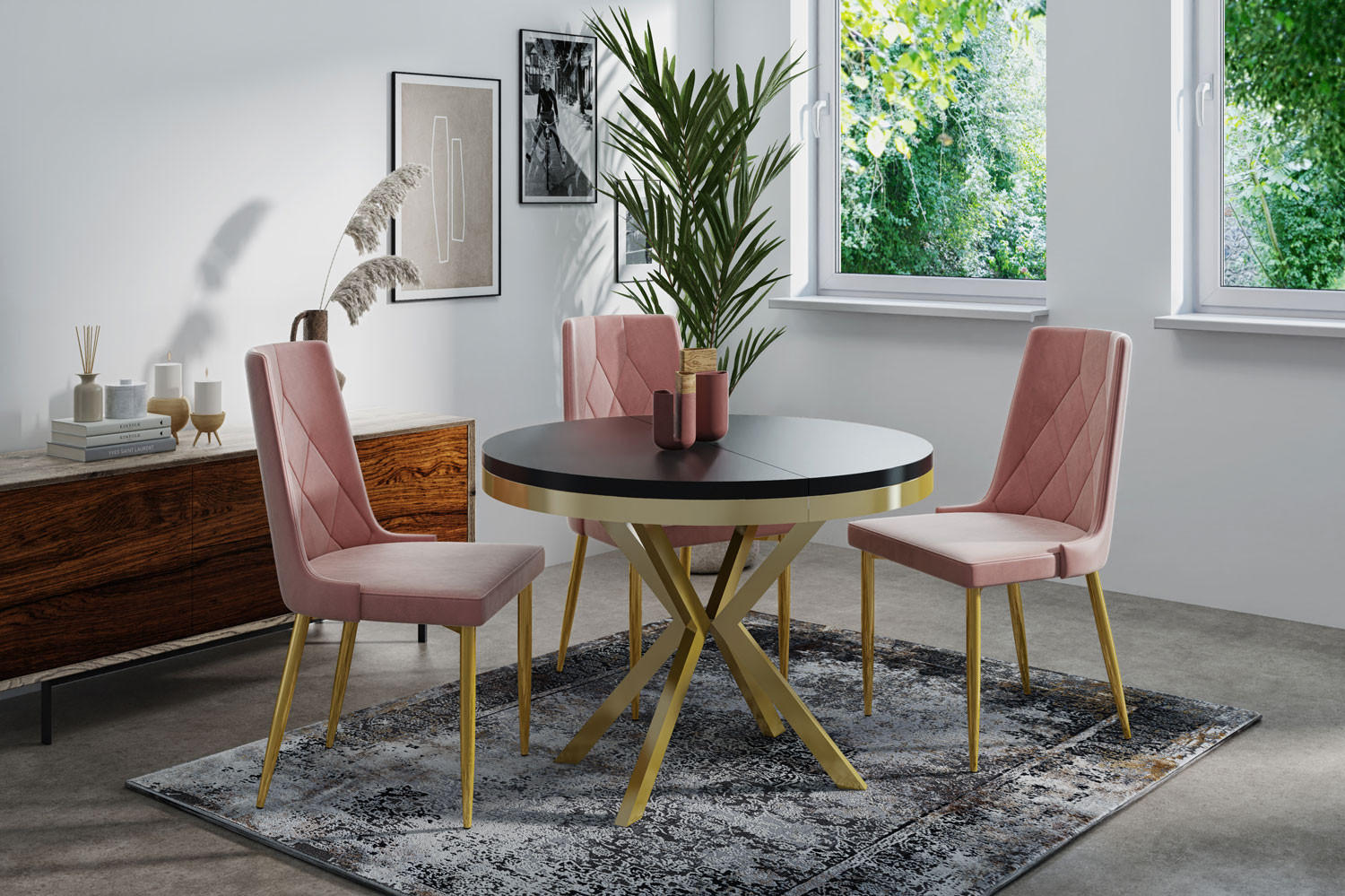 ESSTISCH Dina runder ausziehbarer, Schwarz 90-170/90/76 cm - Goldfarben/Schwarz, Holzwerkstoff/Metall (90/90/76cm) - WFL GROUP