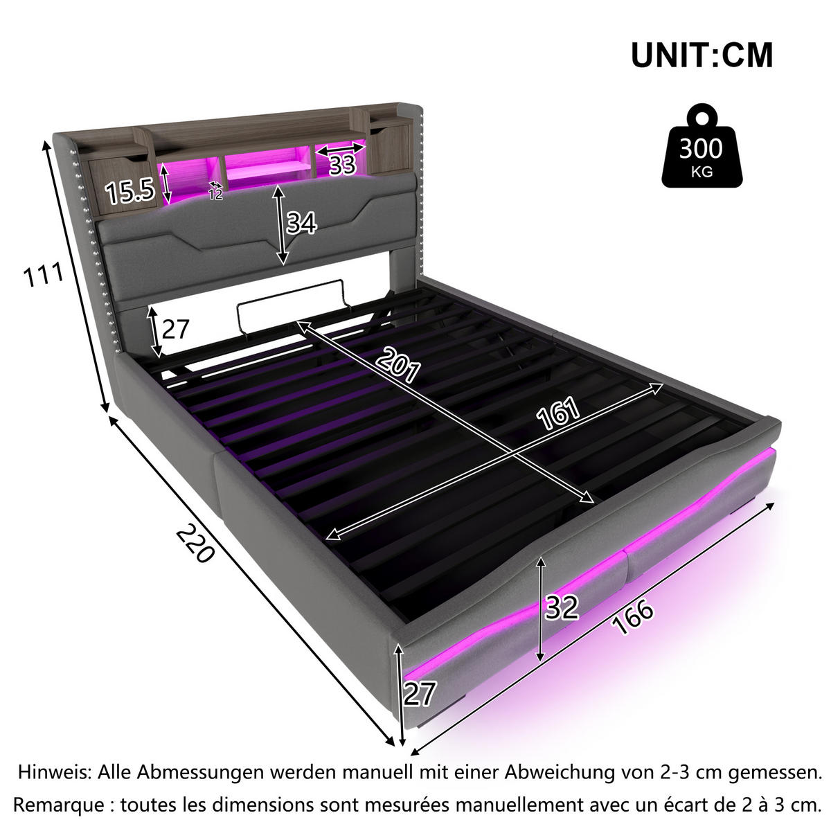POLSTERBETT 160x200cm Grau USB-C LED-Licht Kopfteil Hydraulik - Grau, Holz (160/200cm) - FLIEKS