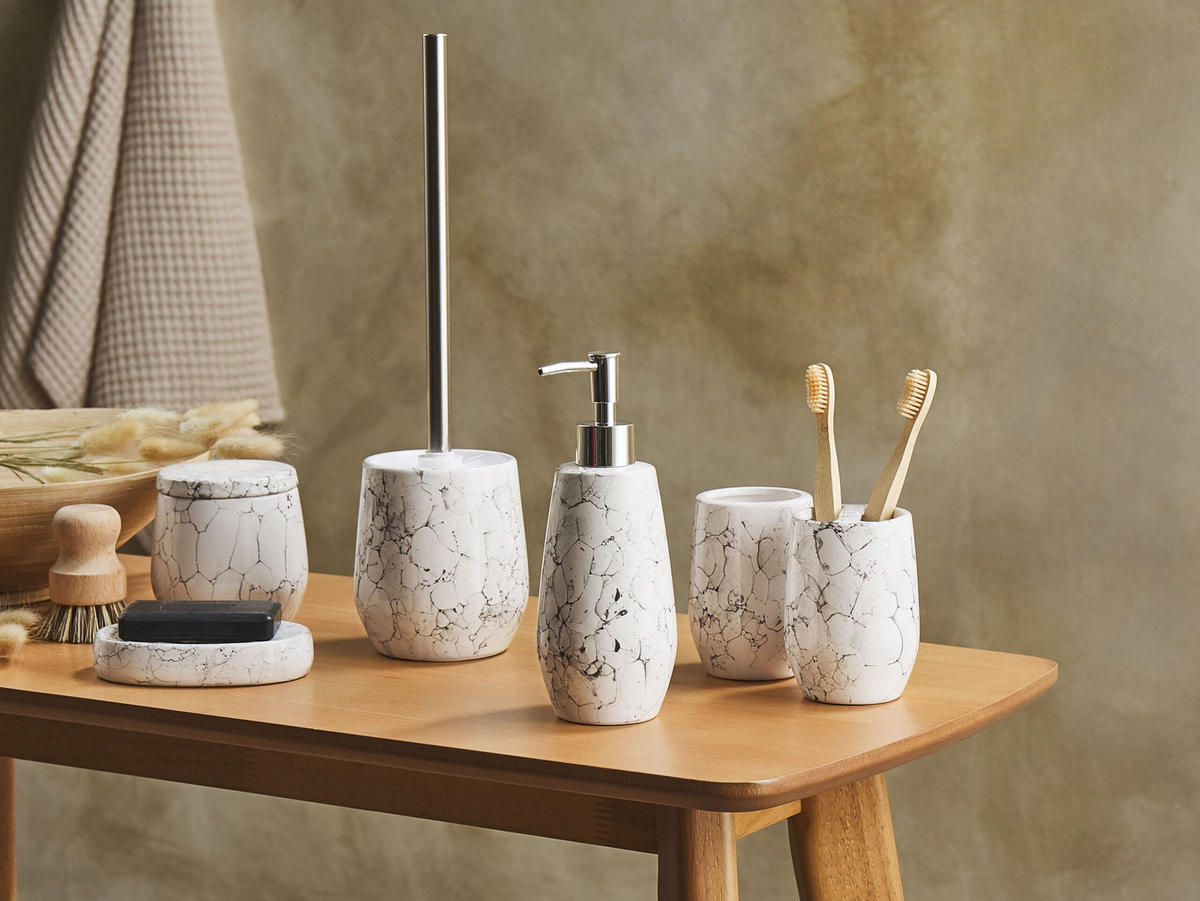 BADEZIMMER Set 6-teilig Keramik cremeweiß Callela - Schwarz/Weiß, Stein (9/21/9cm) - Beliani
