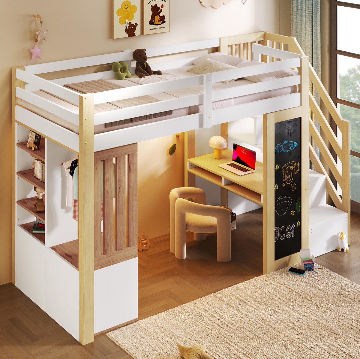 HOCHBETT aus Kiefer, MDF und Sperrholz 90x200 cm Weiß/Natur mit Schreibtisch, Regal, Kleiderschrank und LED - Weiß, Holzwerkstoff (90/200cm) - Modfu
