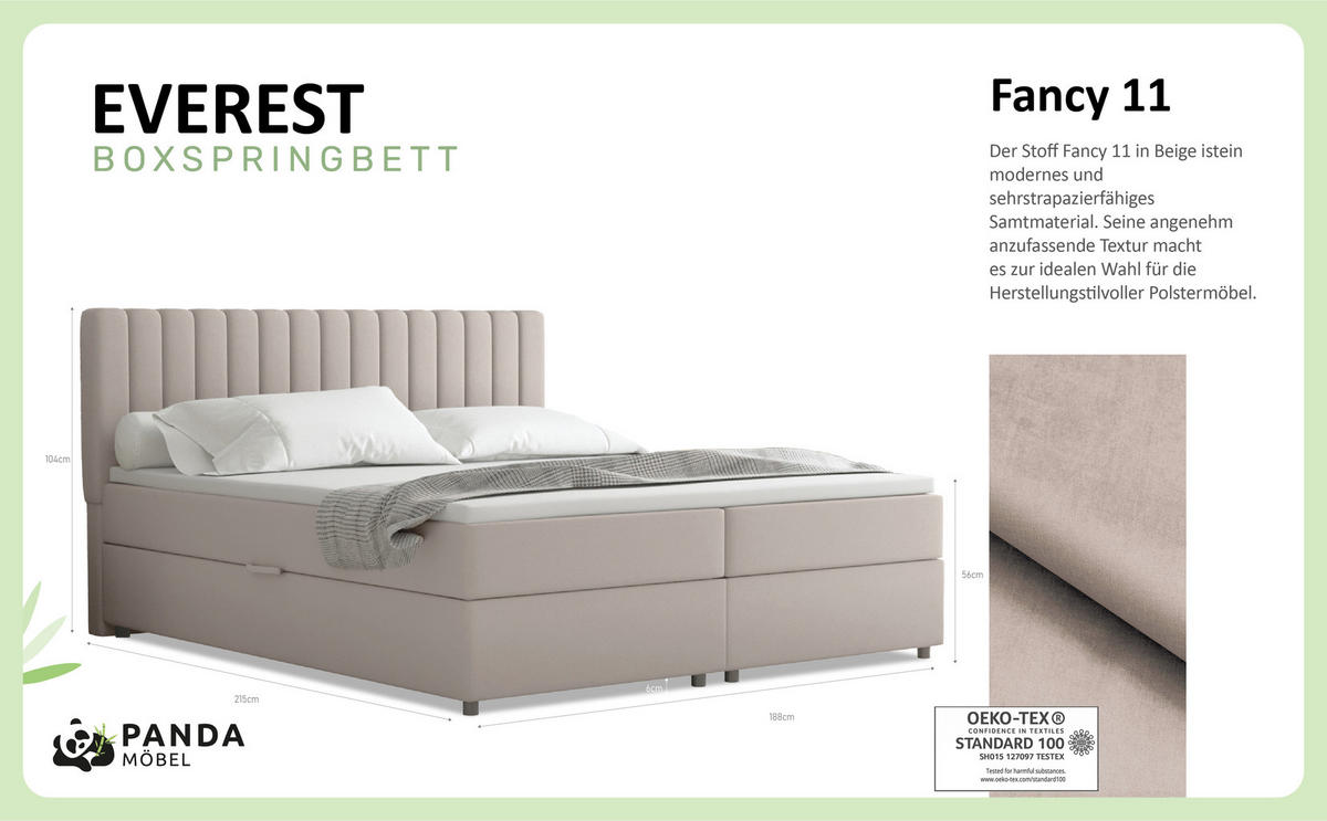 BOXBETT Everest beige 180 x 200 cm Doppelbett mit hochwertiger Bonell-Matratze und Topper - Cappuccino, Holz (180/200cm) - Panda Möbel