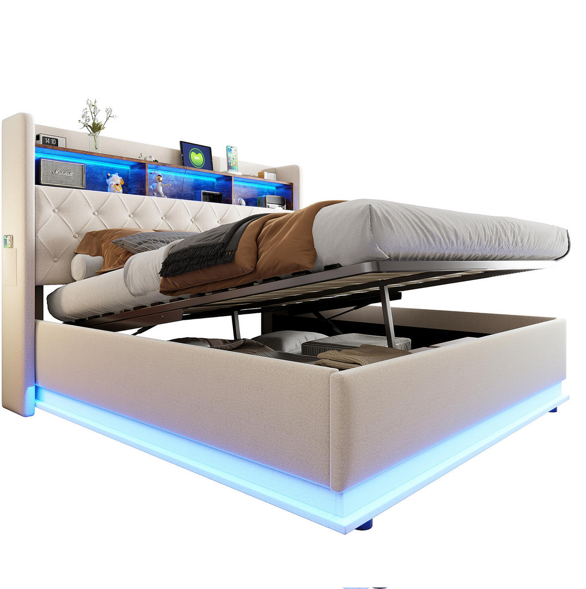POLSTERBETT 180/200 cm Beige mit USB-Ladeanschluss und hydraulischem Stauraum - Beige, Textil (180/200cm) - OKWISH