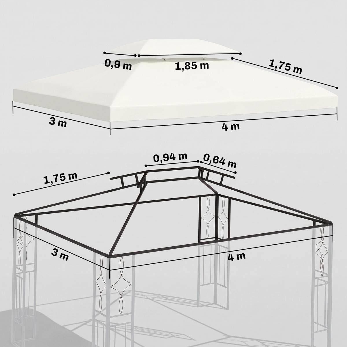 STŘECHA PAVILONU, polyester, krémově bílá - bílá, plast (300/20/400cm) - Outsunny