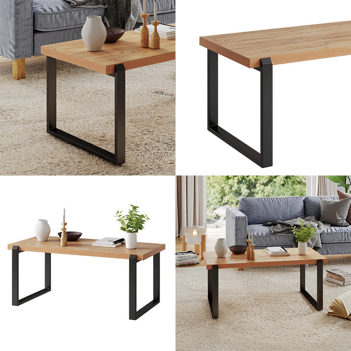 COUCHTISCH Halifax Eiche rustikal 110 x 56 cm mit Metallrahmen - Wildeiche/Schwarz, Holzwerkstoff (56/110/46cm) - Vicco