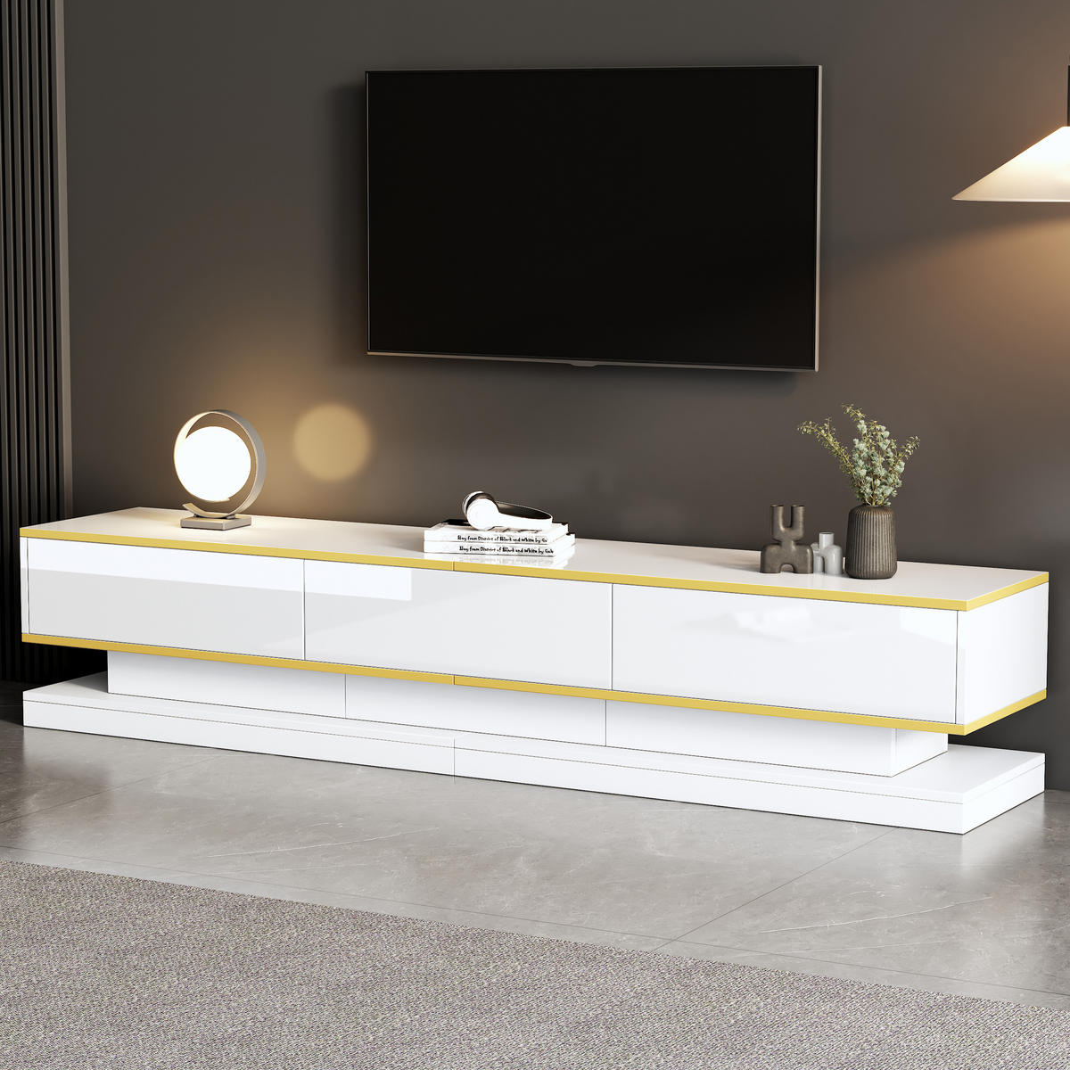 TV-SCHRANK 200x40cm Lowboard 3 Schubladen Hochglanz Weiß goldene Kante - Weiß, Holz (50.5/14/112.5cm) - FLIEKS