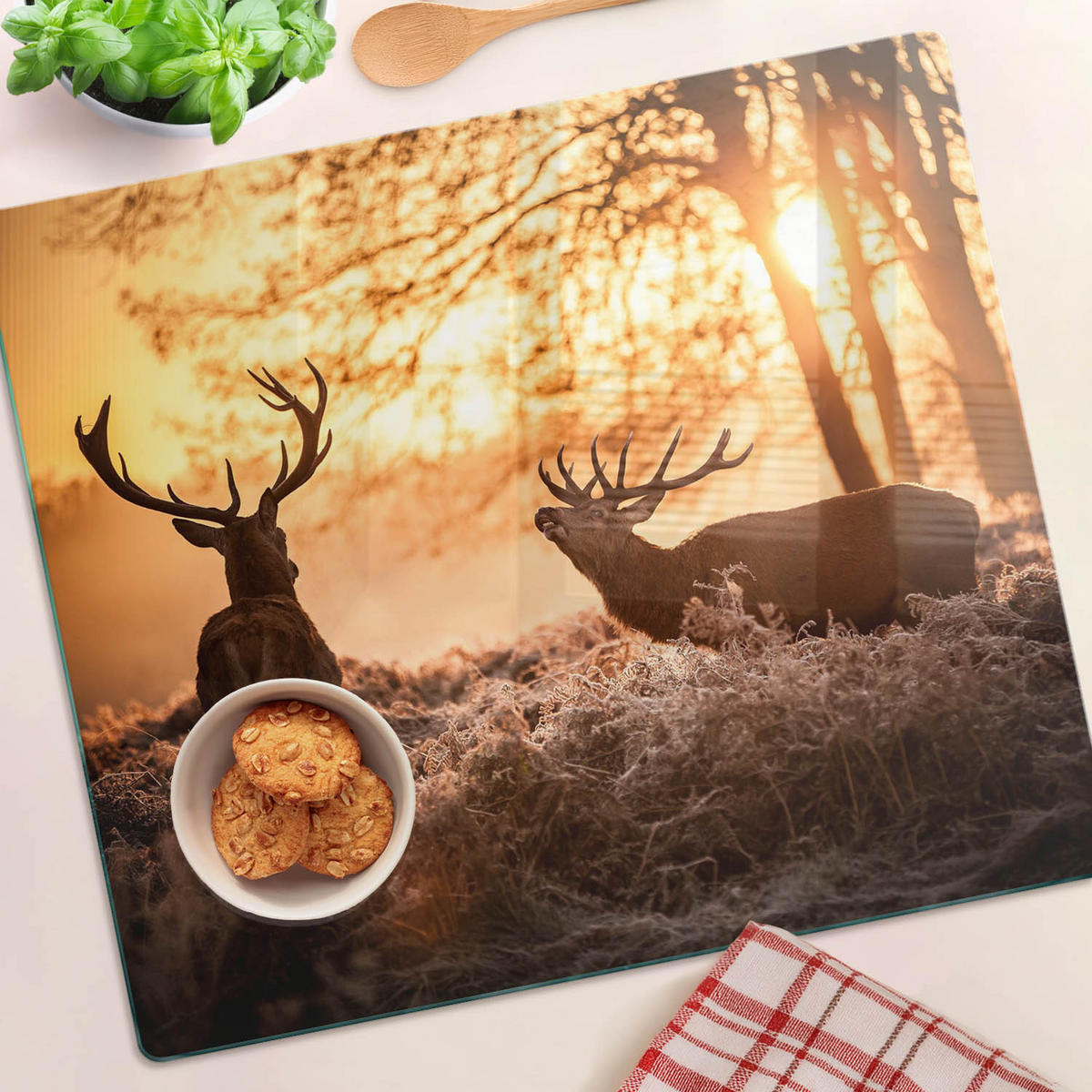 GLASPLATTE 60x52 cm Sonnenaufgang über dem Hirsch - Schwarz Hochglanz/Grau, Glas (60/0.4/52cm) - TULUP