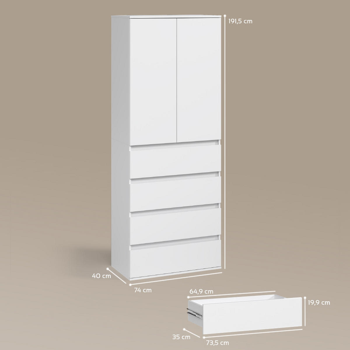 KLEIDERSCHRANK Garda Weiß mit 4 Schubladen - Weiß, Holzwerkstoff (74/191.5/40cm) - Livinity®