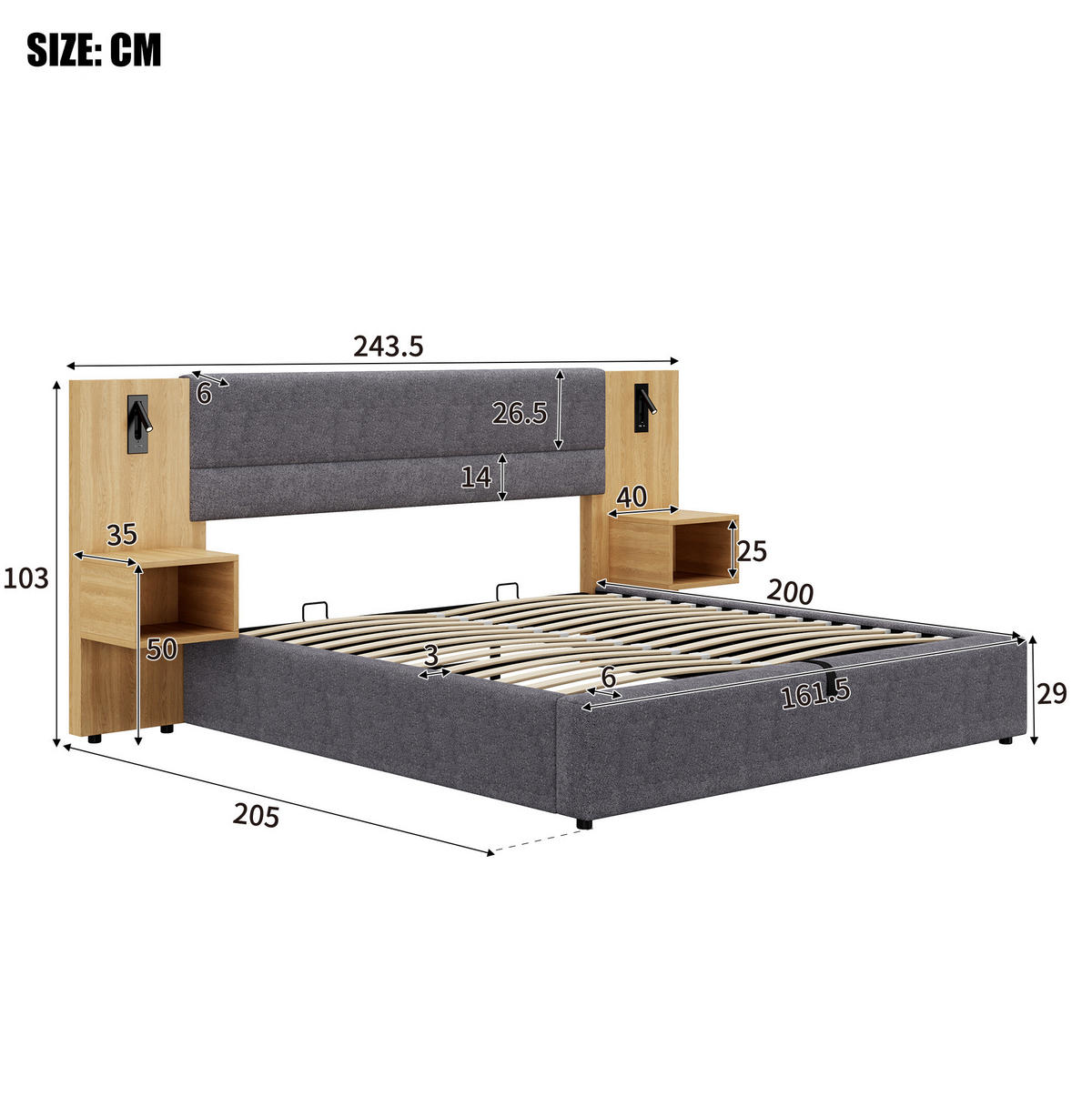 POLSTERBETT 160/200 cm aus Samt mit USB-Anschluss Beleuchtung und 2 Nachttischen Grau und Natur - Naturfarben, Textil (160/200cm) - Modenvie