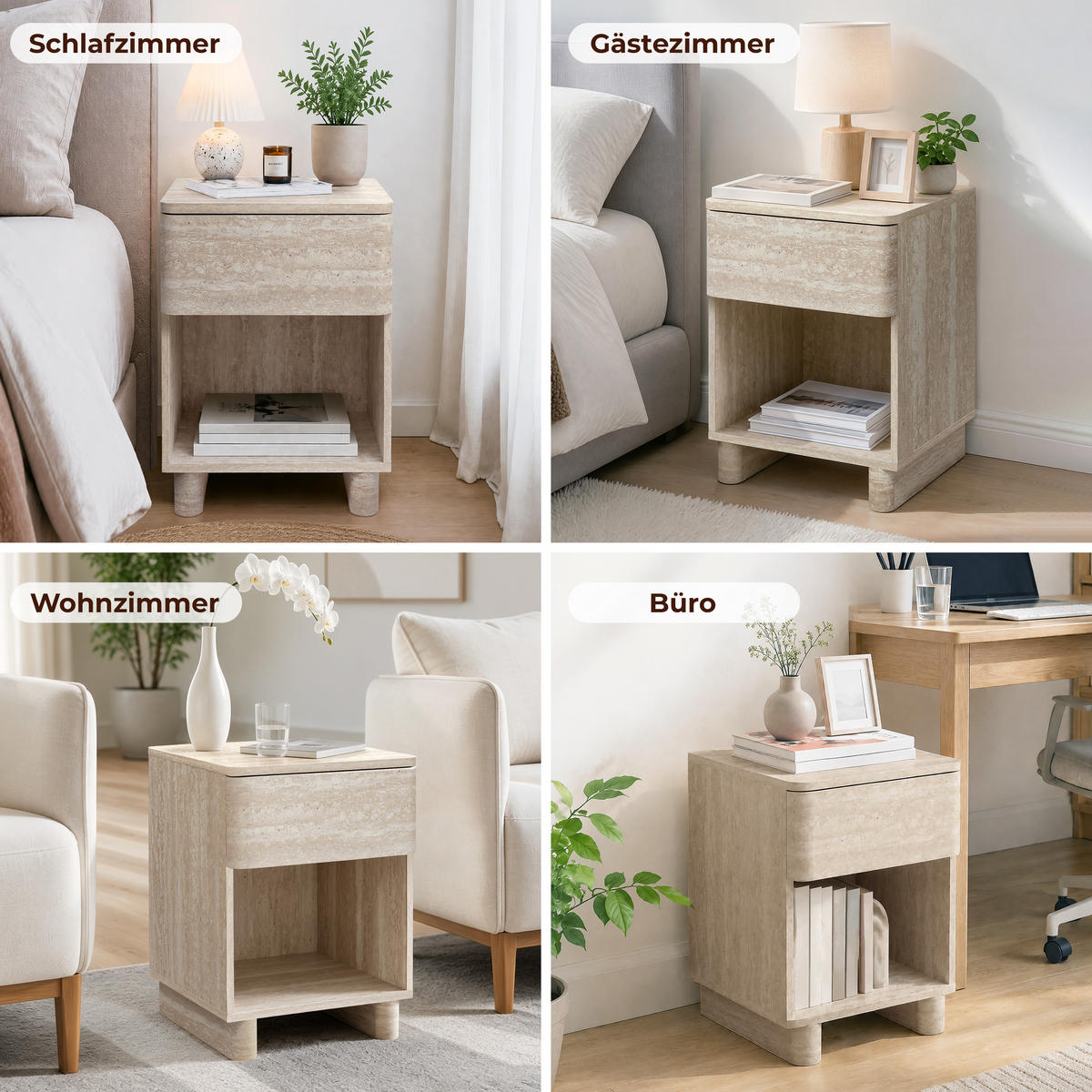 NACHTTISCH in Travertin-Optik | B53 x T45 x H50 cm - Beige, Holzwerkstoff (40/54/40cm) - Hometopia