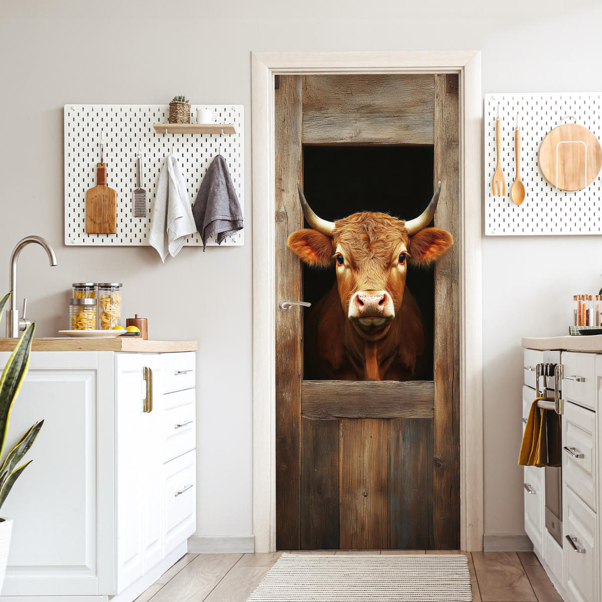 TÜRAUFKLEBER Kuh - Fenster - Holz - Tiere Wanddeko 90x205 cm - Türtapete - Wengefarben, Kunststoff (90/0.1cm) - MuchoWow