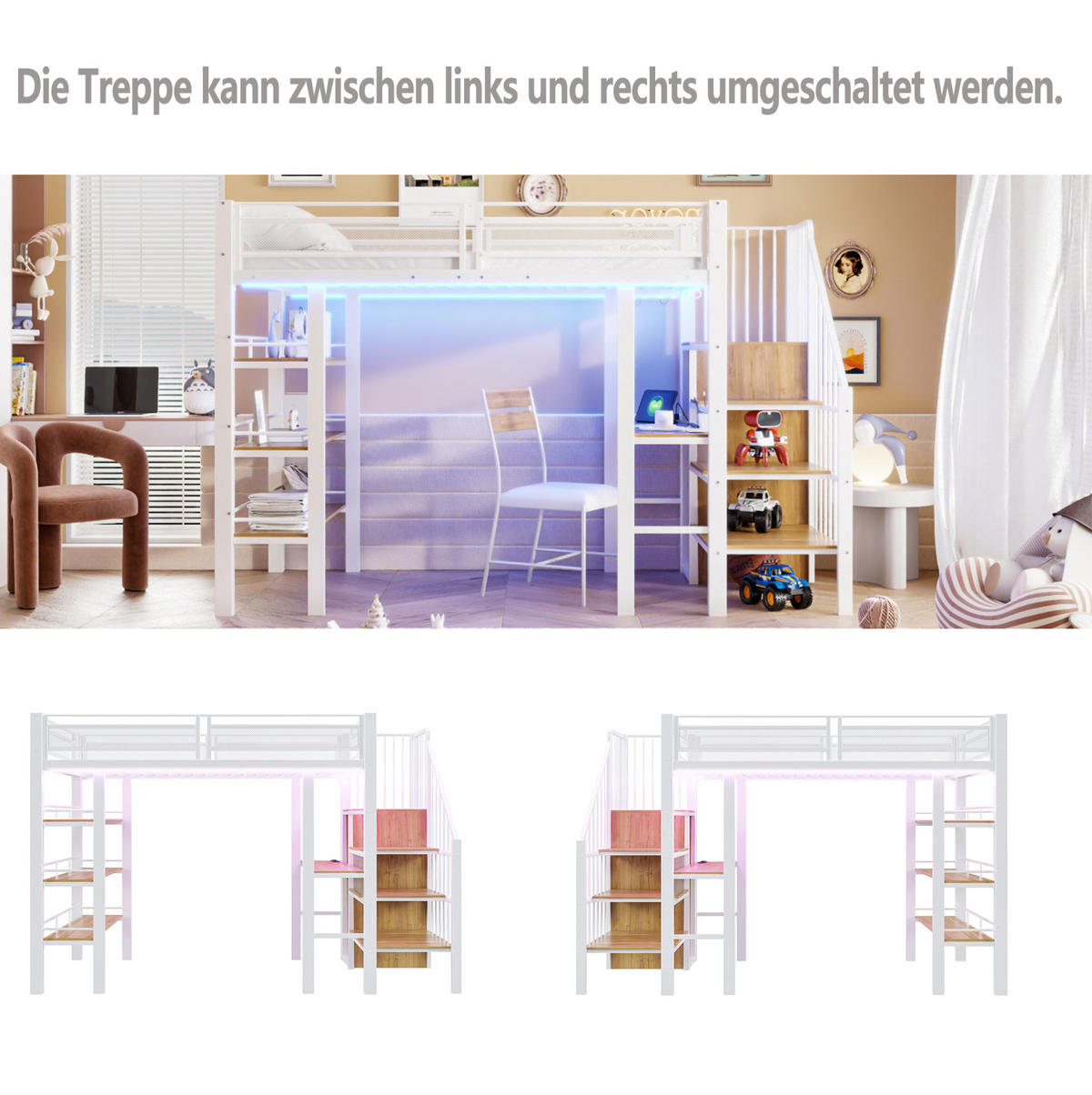 HOCHBETT 90/200 cm mit LED-Lichtleiste, Schreibtisch, Regal und Kleiderschrank, Weiß - Weiß, Holzwerkstoff (90/200cm) - Redom