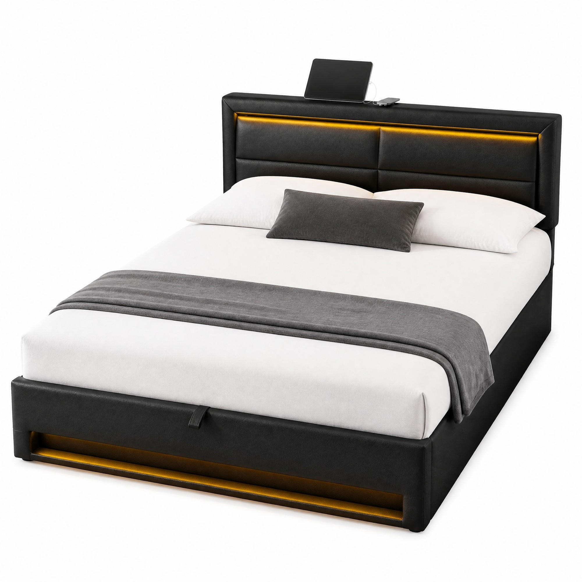 POLSTERBETT 140/200 mit Stauraum, LED und USB-Anschlüssen in Schwarz - Schwarz, Holzwerkstoff/Textil (140/200cm) - EVRYAE