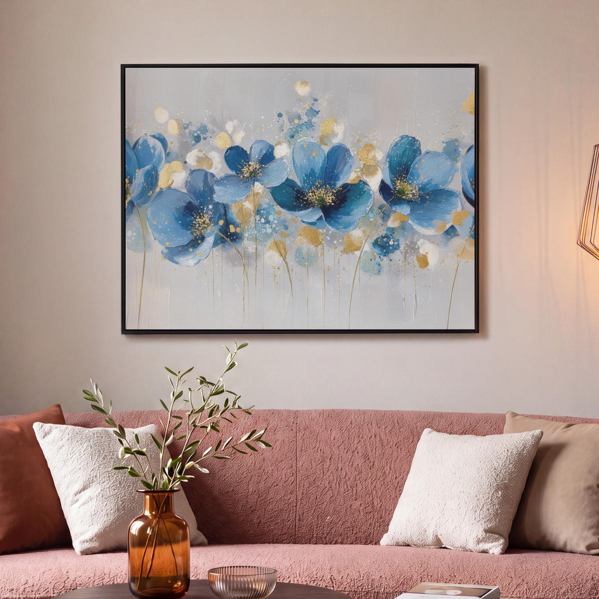 LEINWAND Bilder mit Rahmen - Blumen - Blau - Abstrakt - 100x70 - Hellgrau, Textil (100/70cm) - MuchoWow