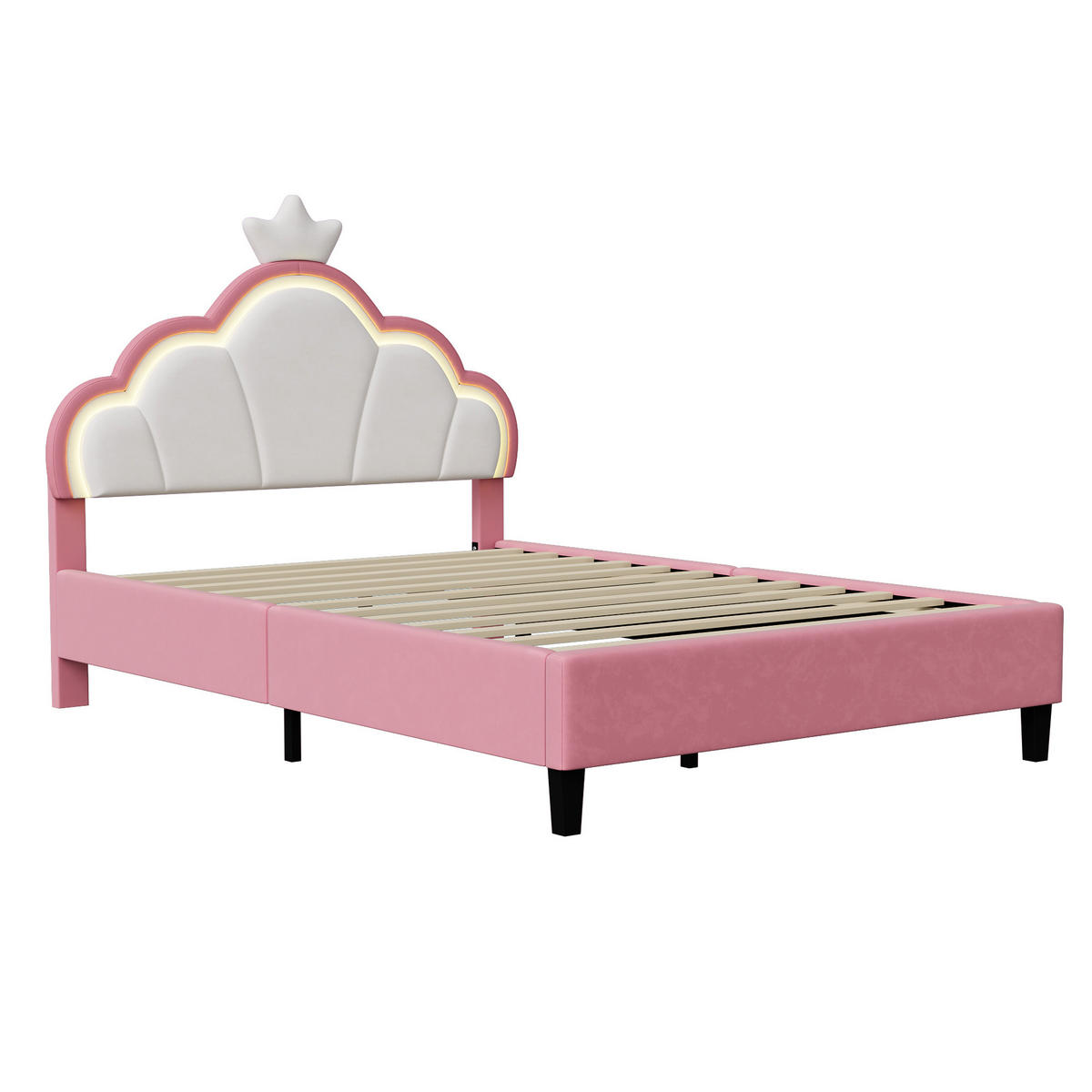 JUGENDBETT Sternenkrone mit RGB-LED & Wellen-Kopfteil 140/200 cm Samt Rosa/Weiß - Pink, Textil (140/200cm) - Creahappy